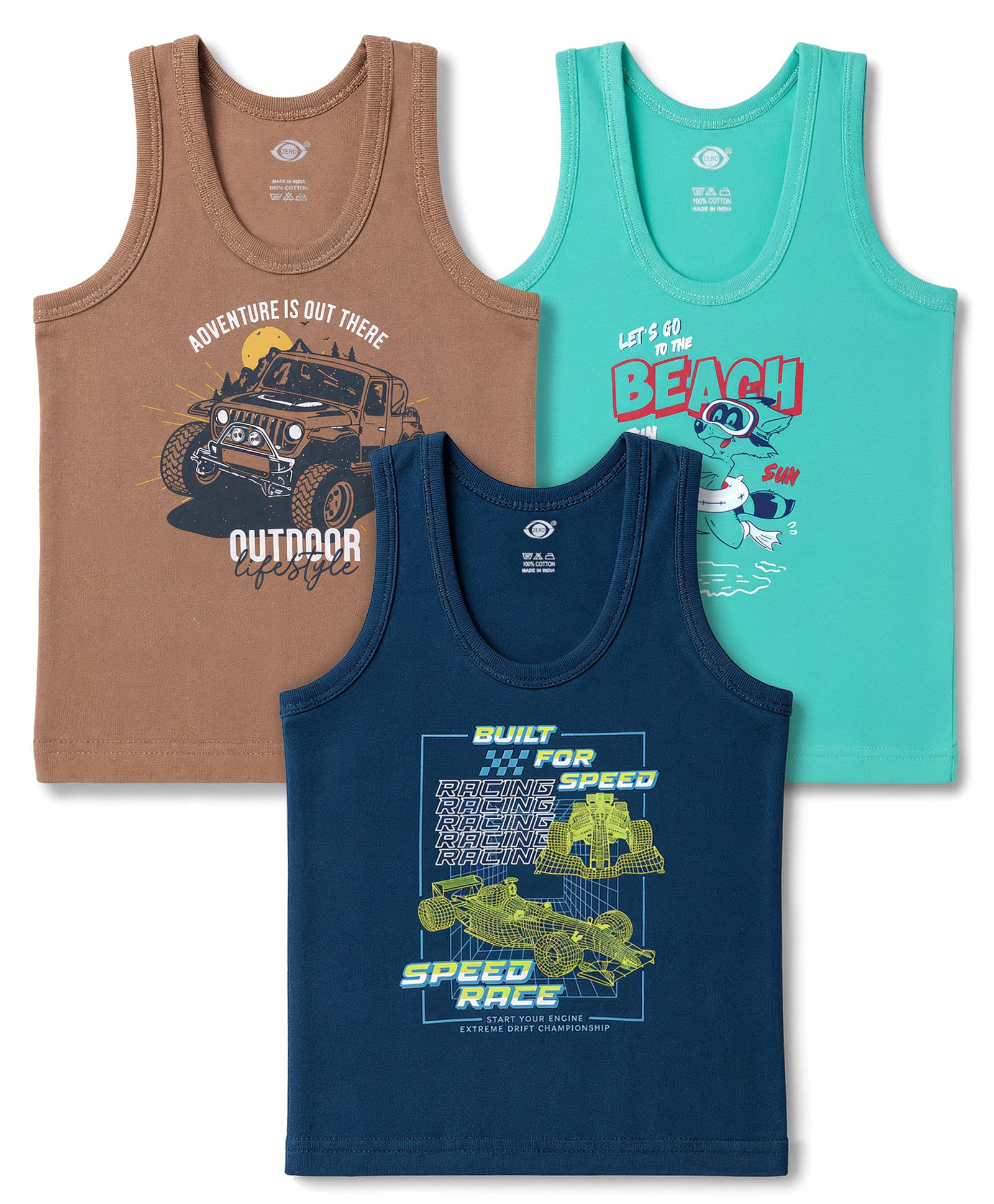 Zero Sinker Knit Sleeveless Vest With Text & Vehicle Print Pack of 3 - Brown, Green & Navy-picture-29