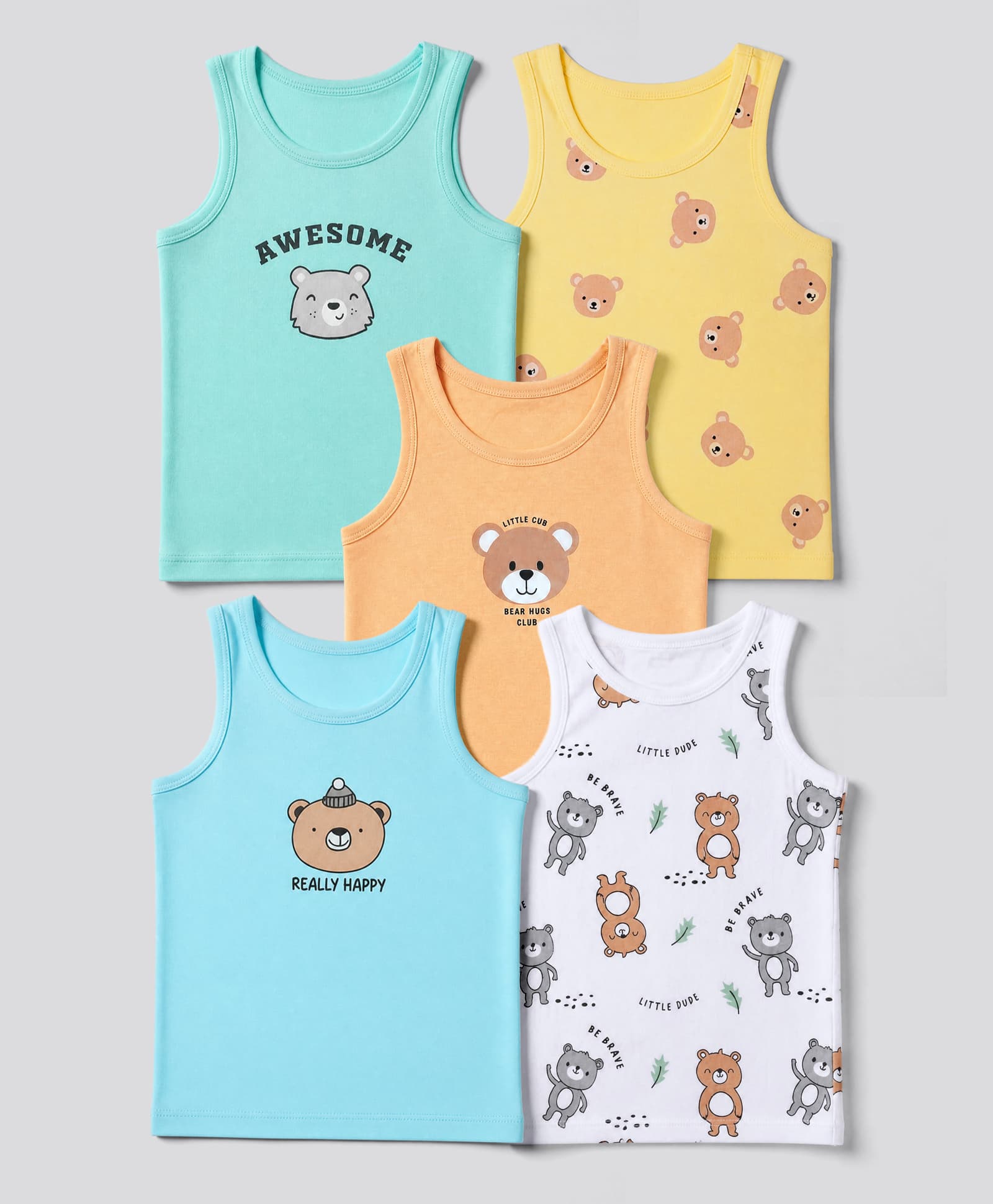 Doodle Poodle 100% Cotton Single Jersey Knit Sleeveless Bear Print Vests Pack of 5 - Blue Yellow Orange & White-picture-23