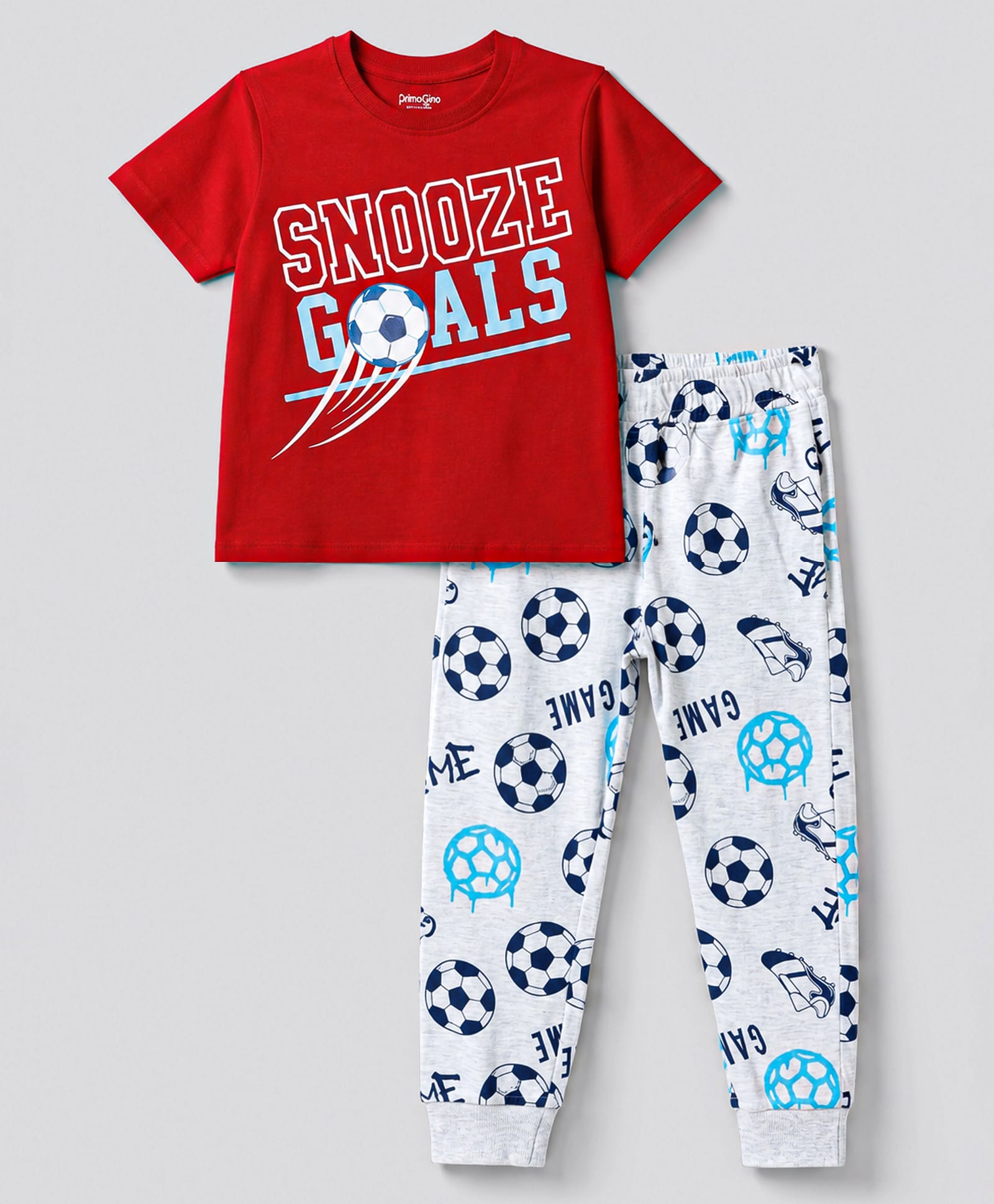 Primo Gino 100% Cotton Knit Half Sleeves T -Shirt & Pyjama Night Suit Football Print - Red & White-image-16