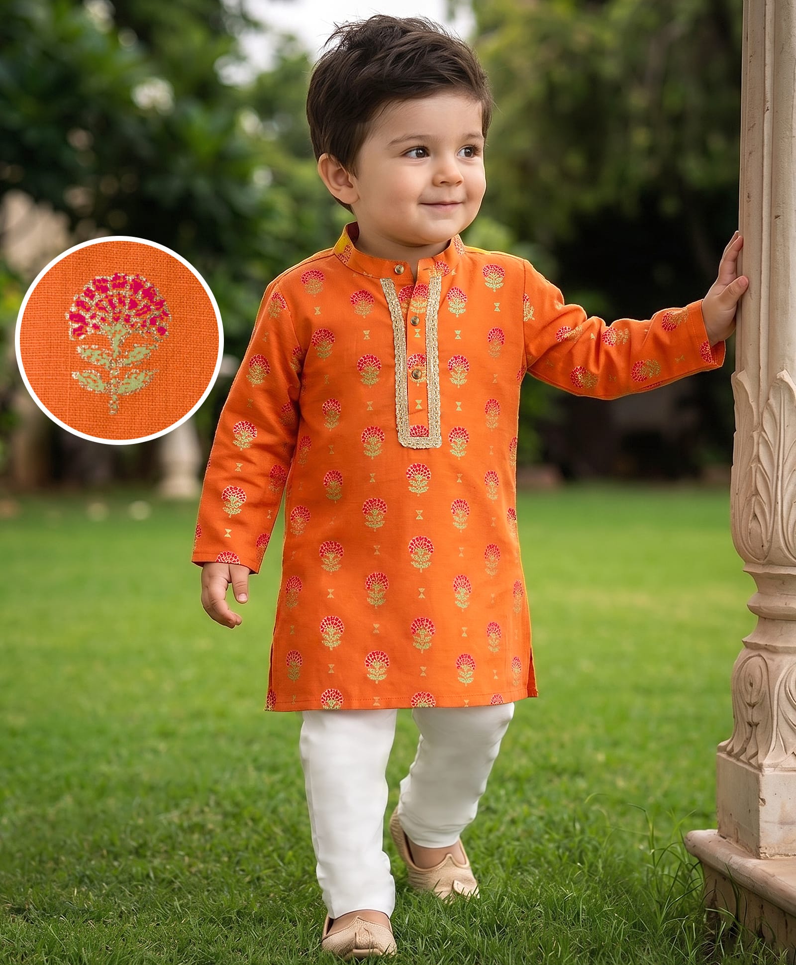 EARTHY TOUCH Cotton Woven Full Sleeves Kurta Pajama Set with Floral Foil Print - Orange-picture-18