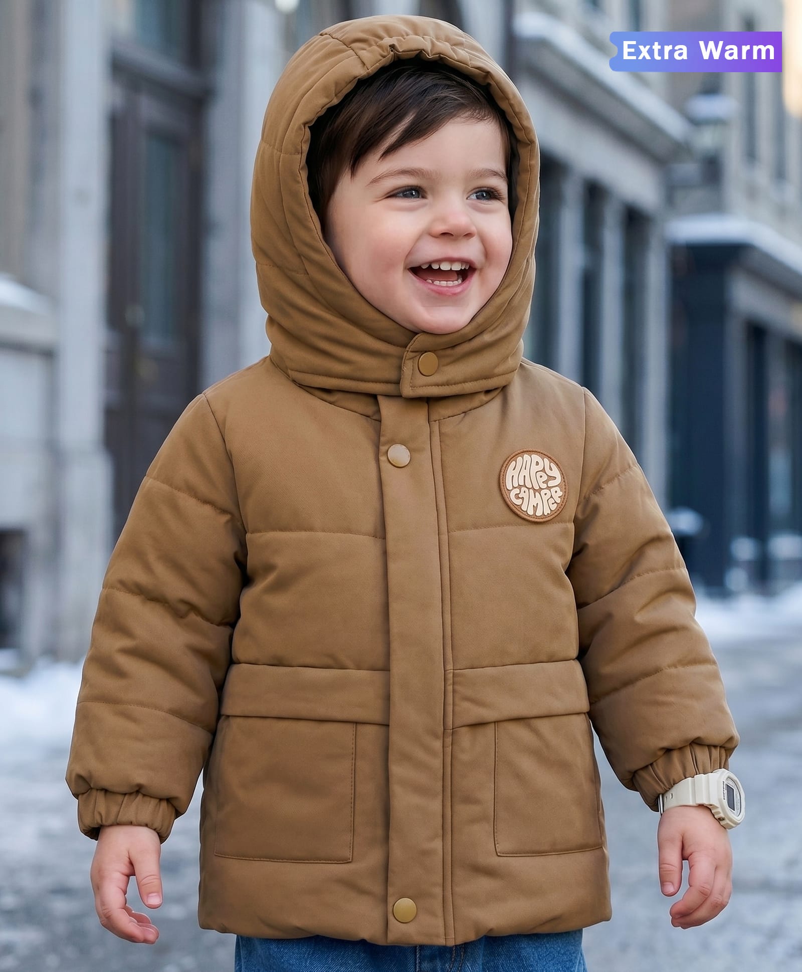 Babyoye Woven Full Sleeves Solid Colour Hooded Padded Jacket - Brown-picture-29