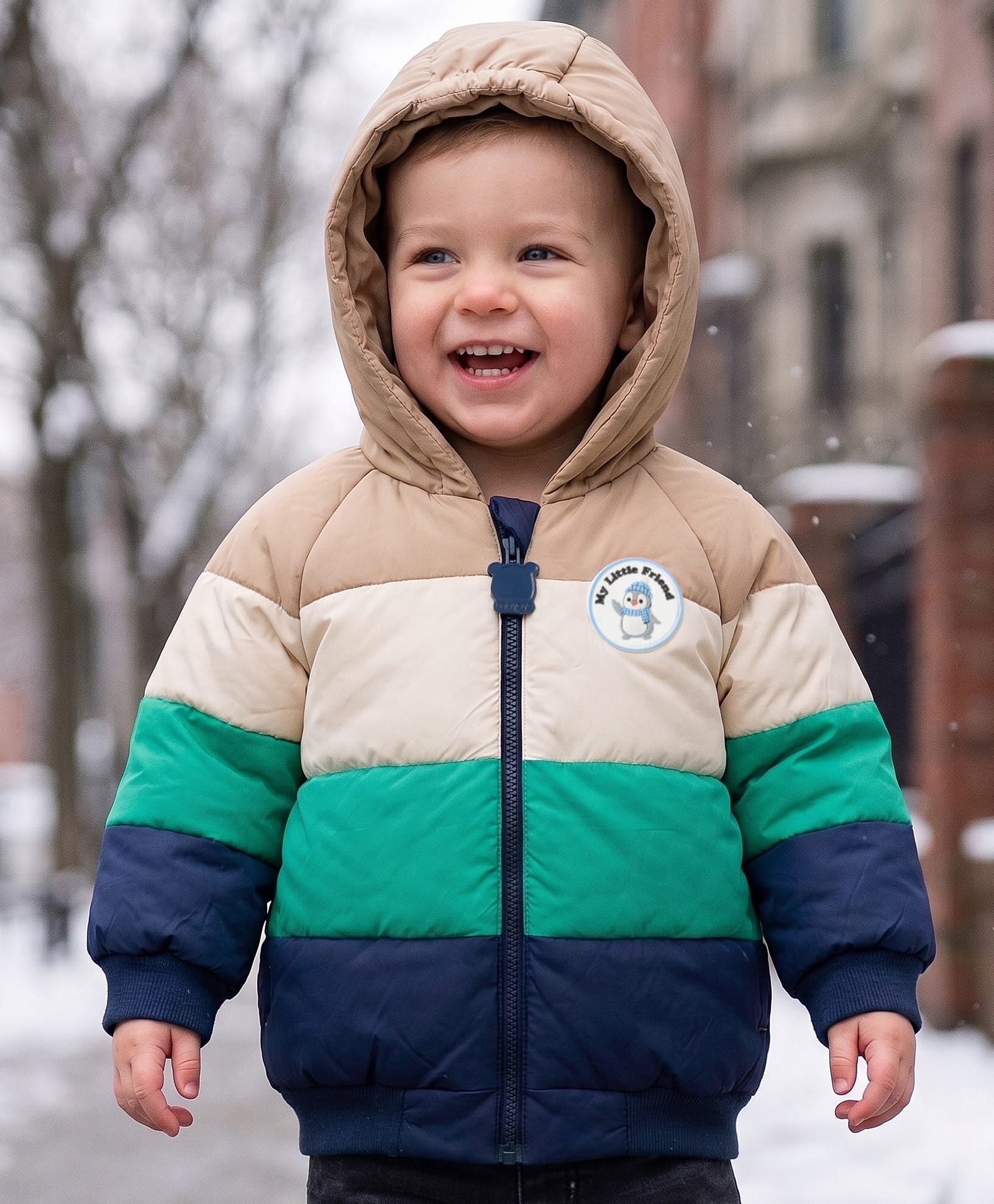 Babyoye Full Raglan Sleeves Cut & Sew Colour Block Padded Jacket with Hood & Penguin Badge - Tan & Aqua-picture-22
