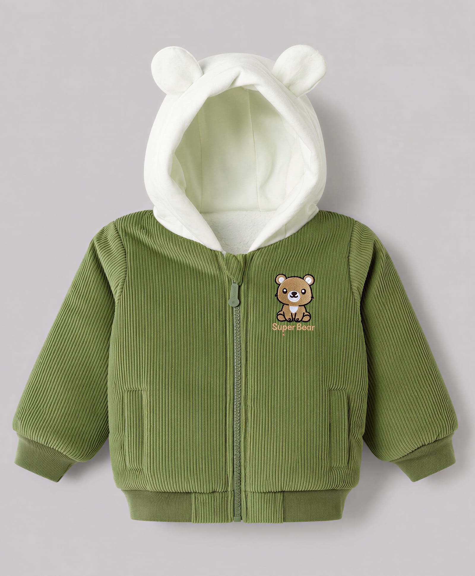 Babyoye Cotton Corduroy Woven Hoodies with Full Sleeves and Bear Patch - Green-picture-38