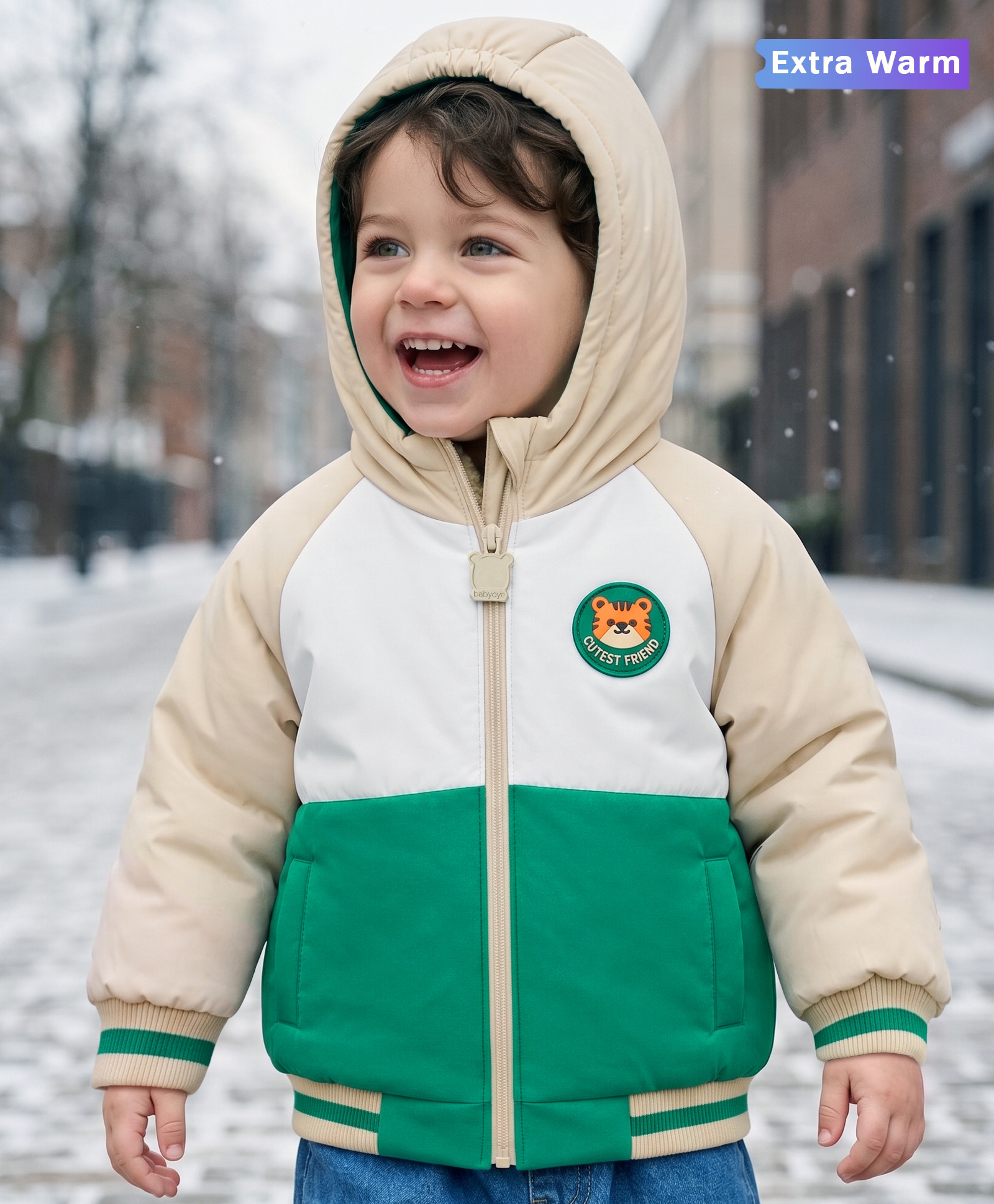 Babyoye Woven Full Raglan Sleeves Hooded Padded Colour Block Jacket with Cub Badge - Cream-picture-12