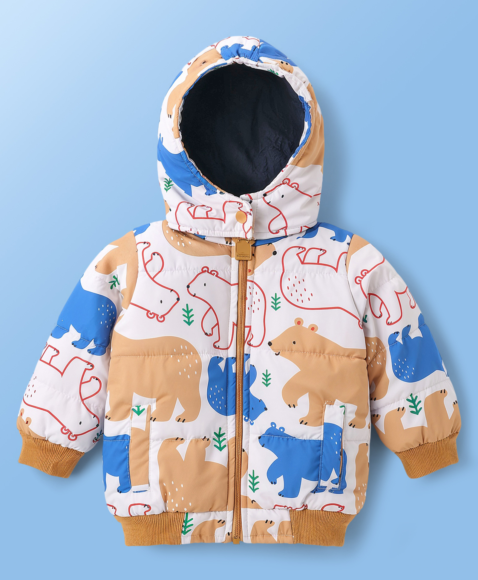 Babyoye Cotton Woven Full Sleeves Animal Printed Hooded Padded Jacket - OffWhite-picture-23