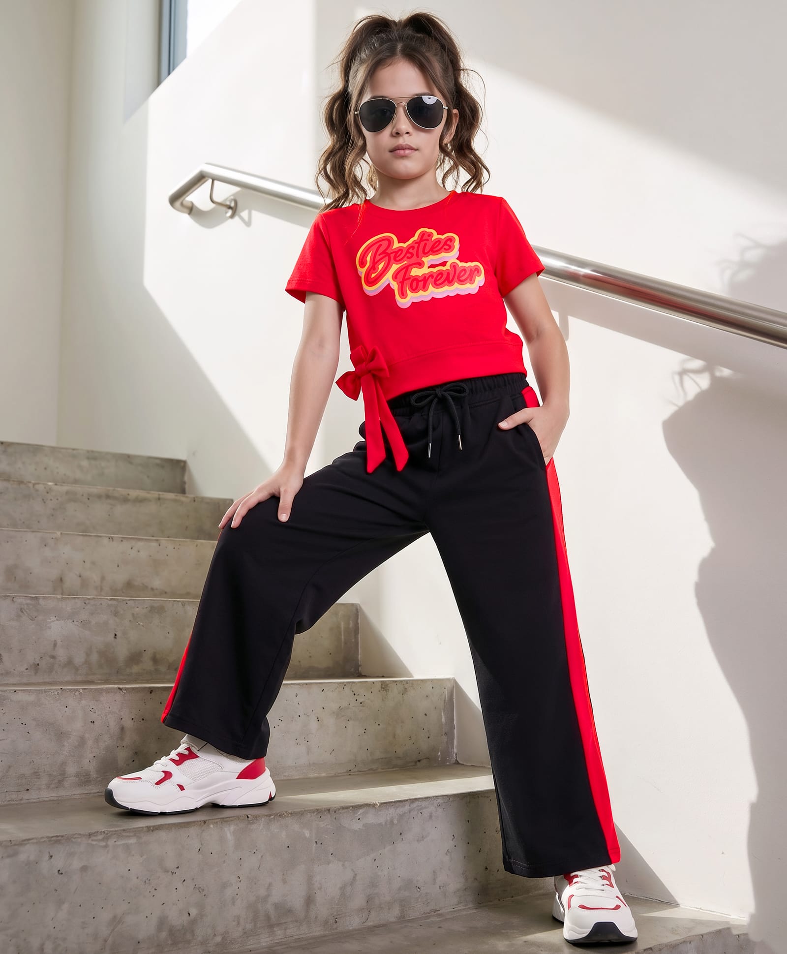 OLLINGTON ST. Sinker Knit Half Sleeves Top & Culottes Set With Text Print - Red & Black-image-27
