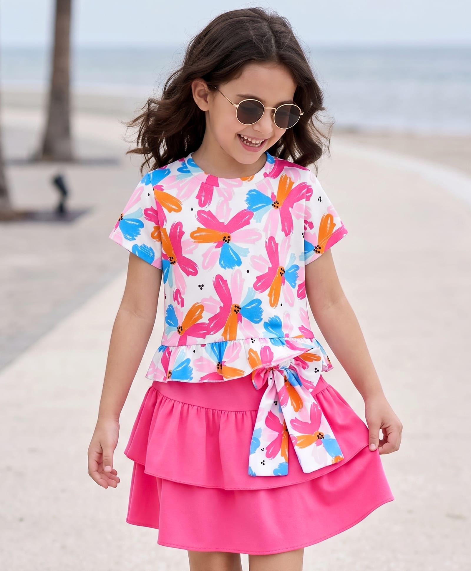 OLLINGTON ST. Sinker Cotton Knit Half Sleeves Floral Printed Top & Knit Skirt Set With BOw Applique- Pink-image-44