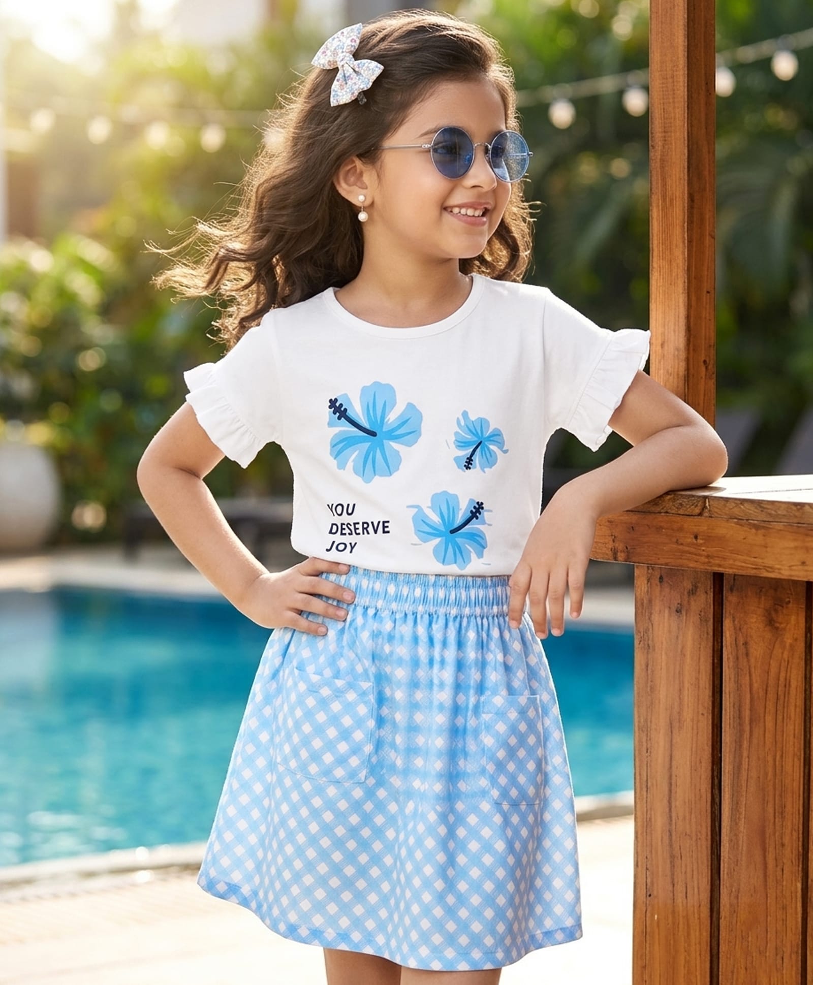 OLLINGTON ST. Cotton Sinker Knit Half Sleeves Floral Printed Top & Checks Skirt Set - White & Blue-image-49