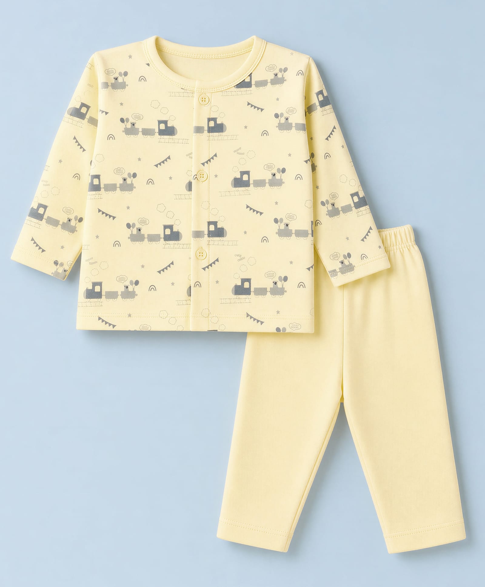 Child World Interlock Knit Full Sleeves T-Shirt & Pyjama Night Suit with Train Print - Lemon-picture-9