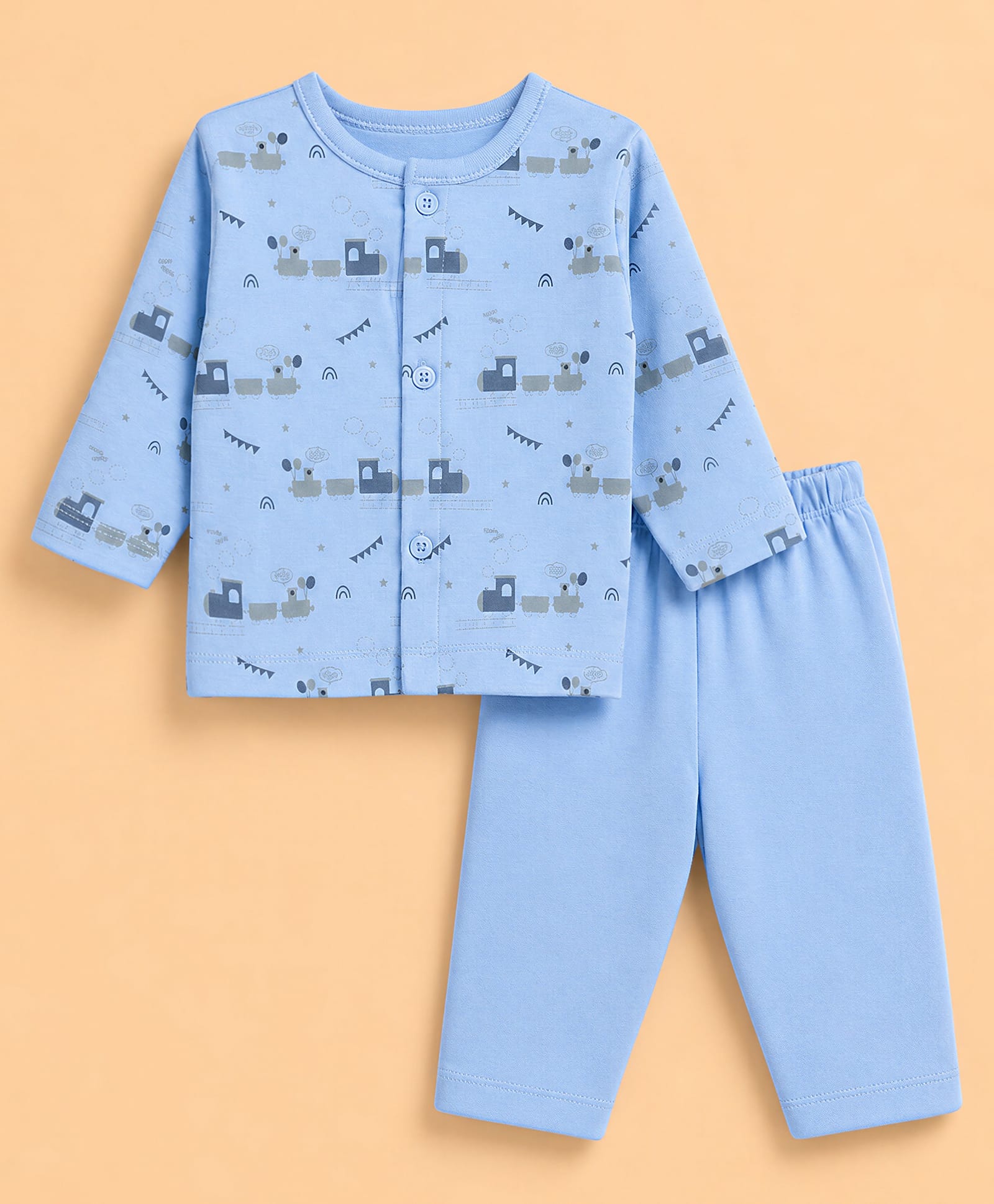 Child World Interlock Knit Full Sleeves T-Shirt & Pyjama Night Suit with Train Print - Royal Blue-picture-22