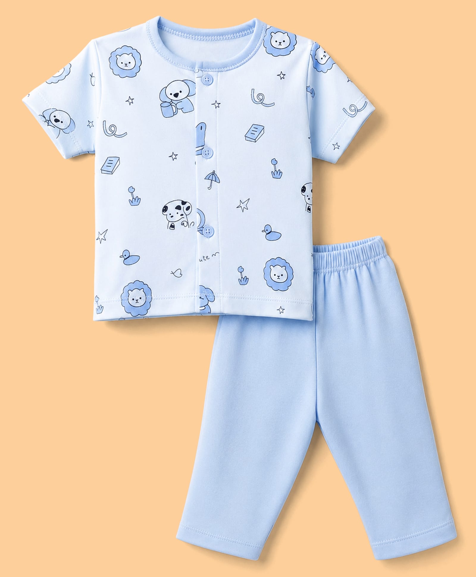 Child World Interlock Knit Half Sleeves T-Shirt & Pyjama Night Suit with Animal Print - Blue-picture-19