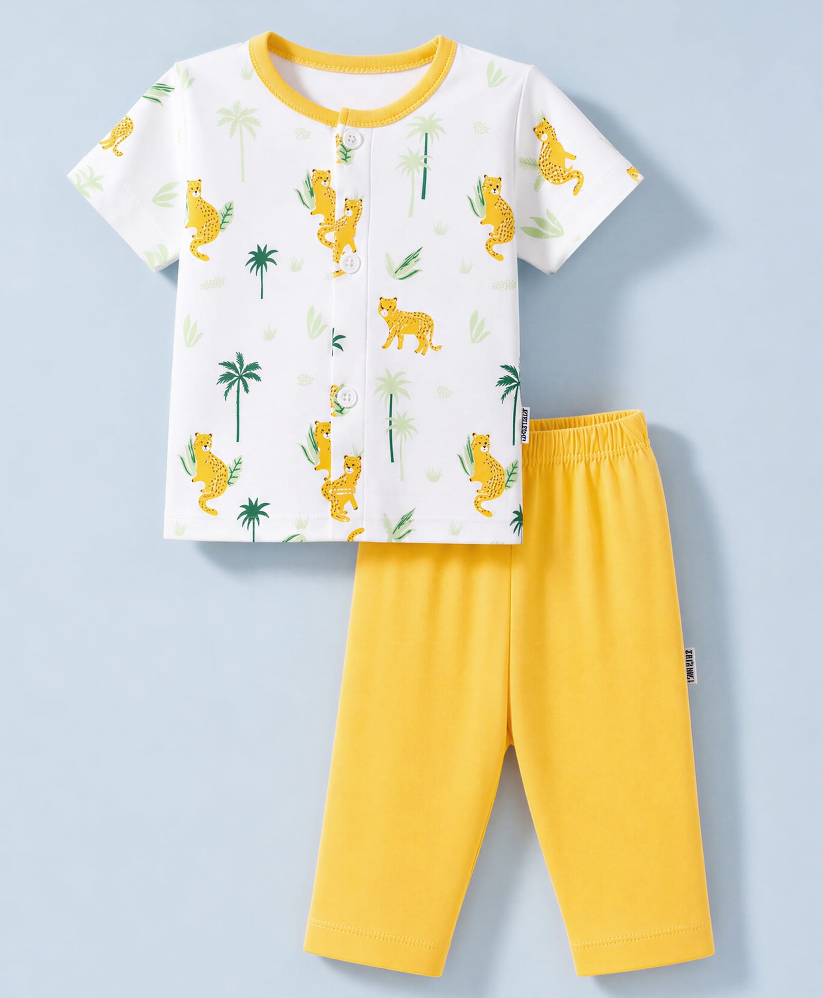 Child World Interlock Knit Half Sleeves T-Shirt & Pyjama Night Suit with Palm Tree & Leopard Print - Golden-picture-19