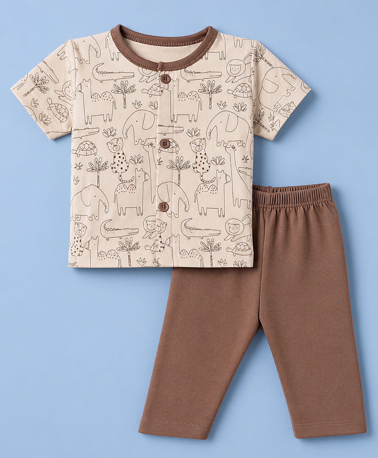 Child World Interlock Knit Half Sleeves T-Shirt & Pyjama Night Suit with Animal Print - Brown-picture-32