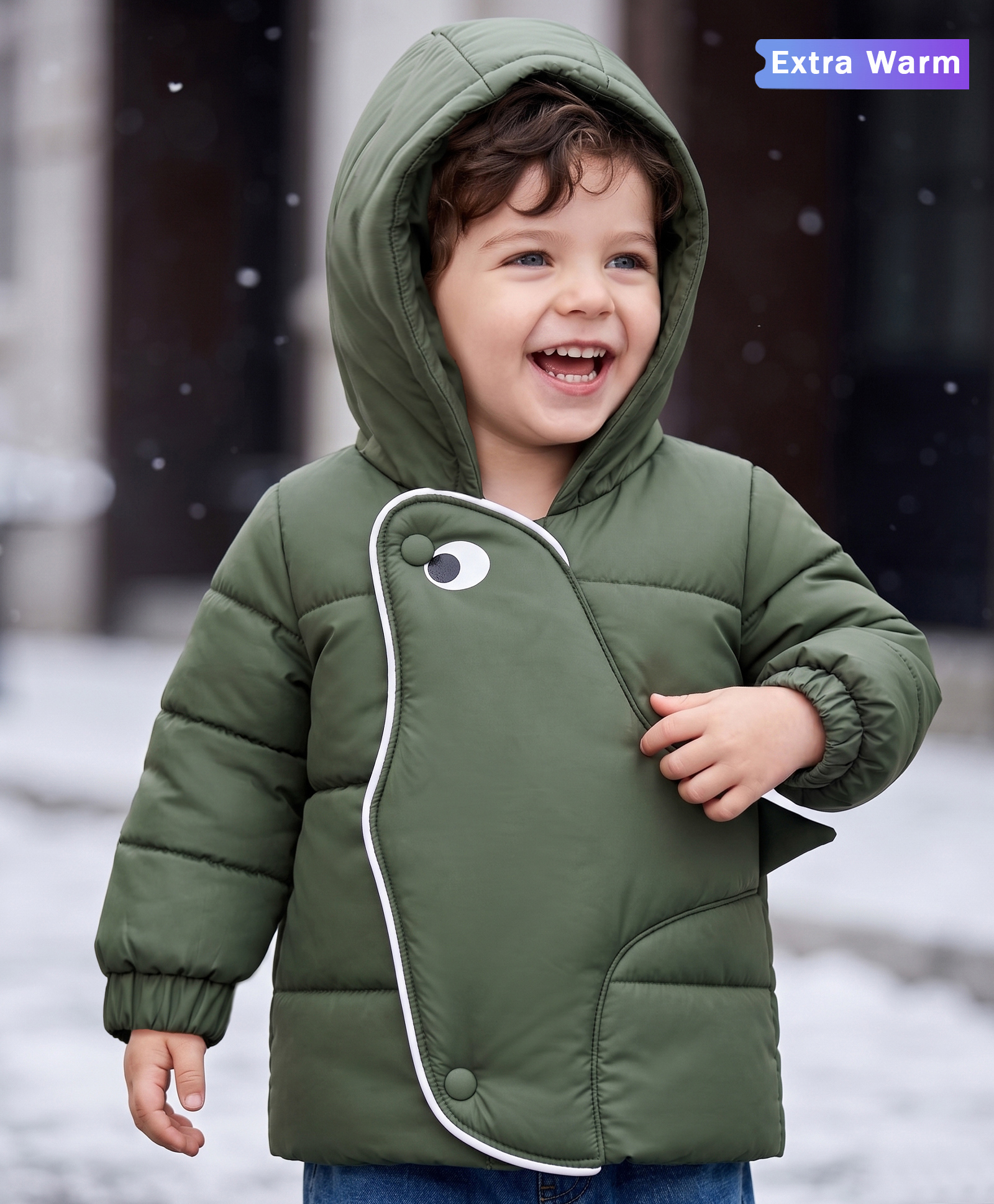 Babyoye Woven Full Sleeves Solid Colour Hooded Padded Winter Jacket - Olive Green-image-48
