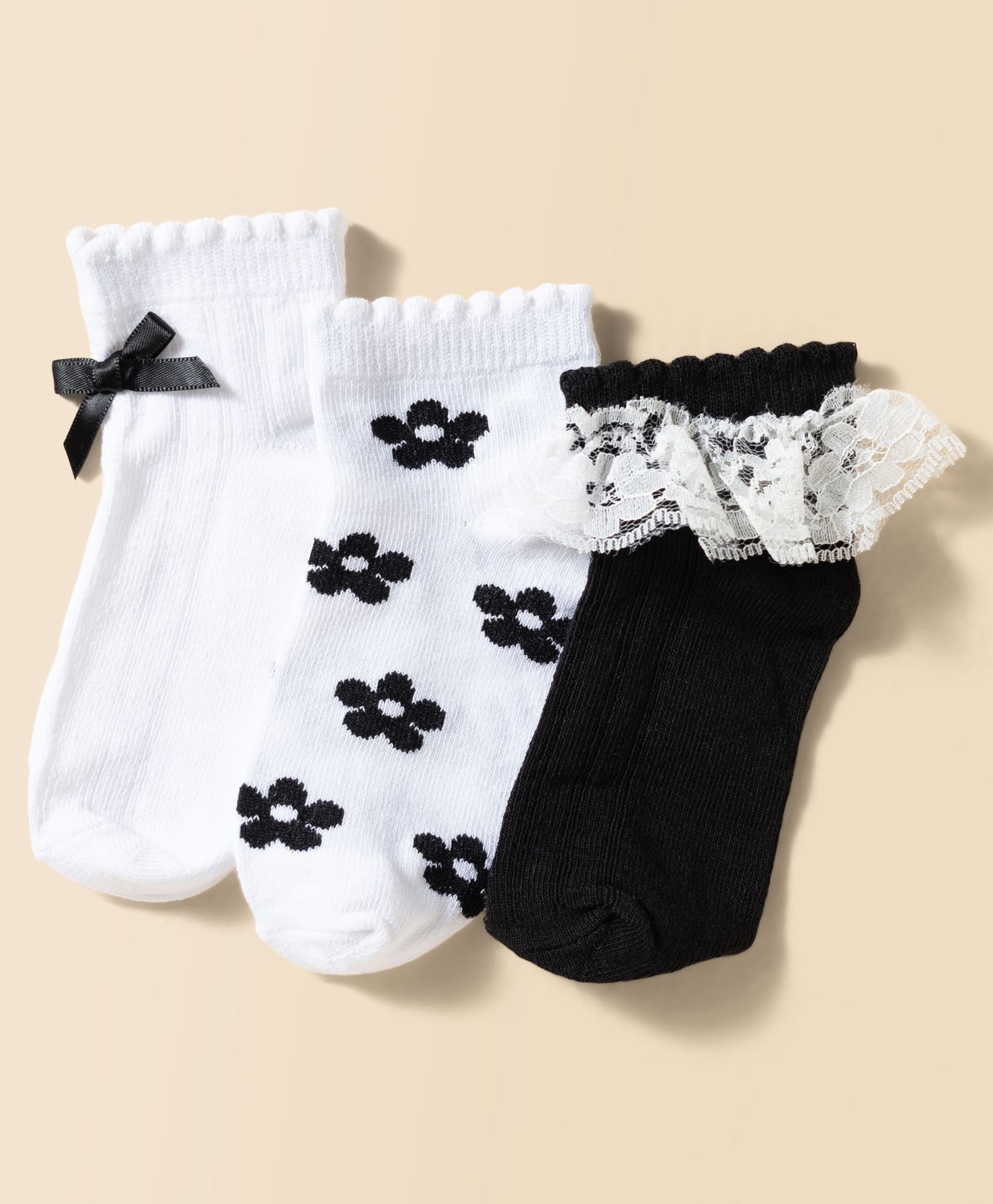 Honeyhap Premium Cotton Bamboo Spandex Ankle Length Socks with Bio Finish Floral Print & Frill Pack of 3 - White & Black-picture-11