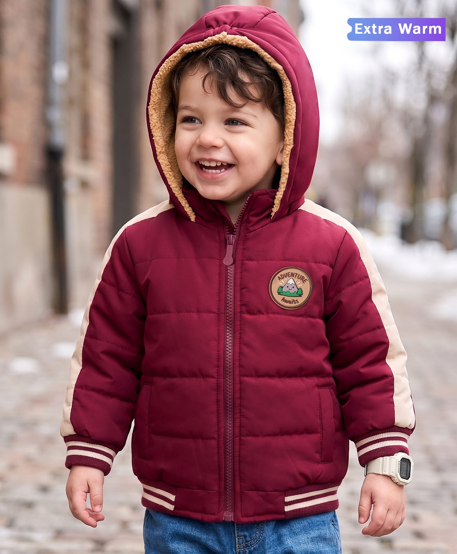 Babyoye Woven Full Sleeves Padded Hooded Jacket - Maroon-picture-23