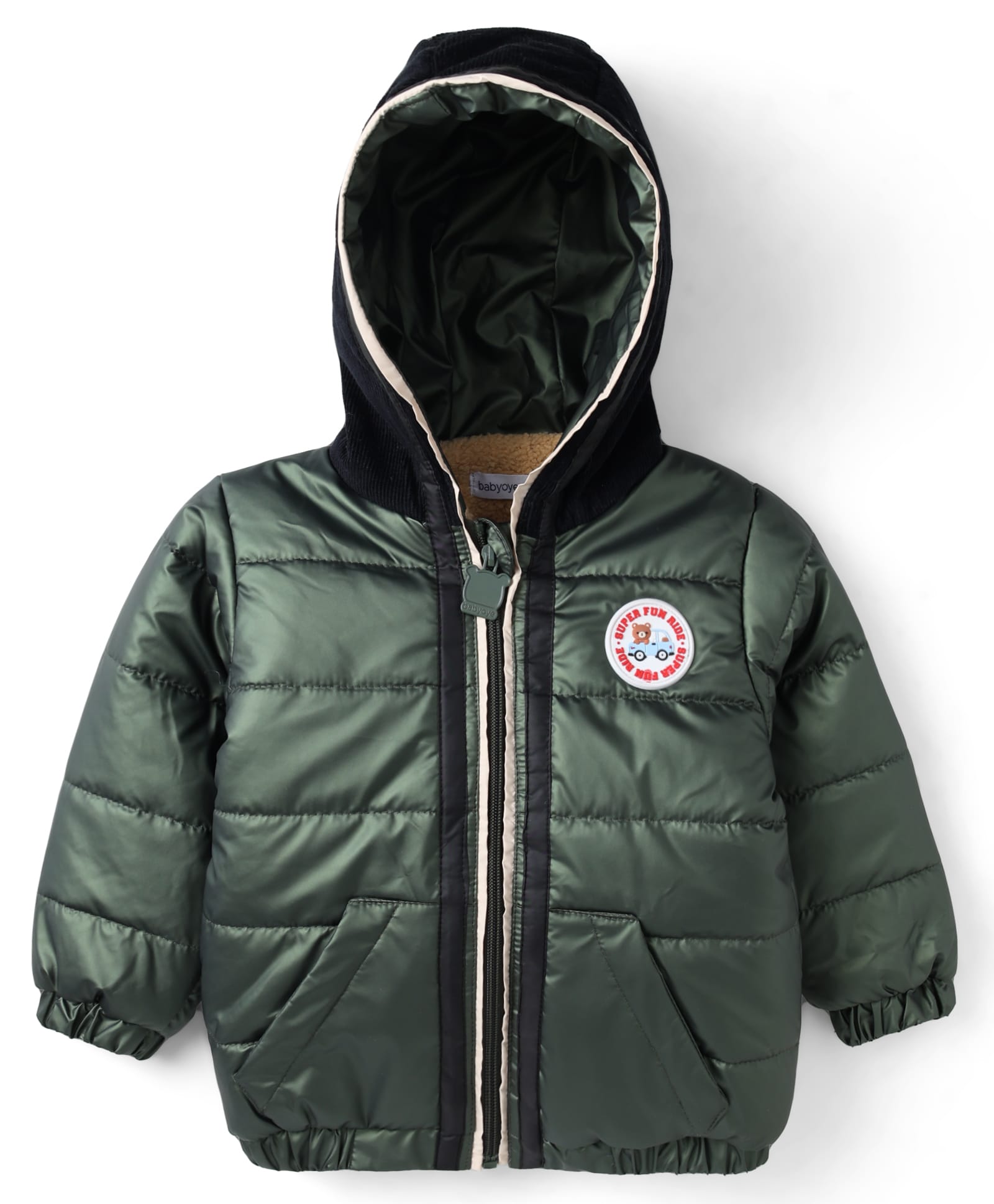 Babyoye Cotton Woven Metallic Finish With 180GSM Polyfill and Inner Lining Sherpa Padded/Quilted/ Winter Jacket With Full Sleeves and Badges Applique - Olive Green-picture-24
