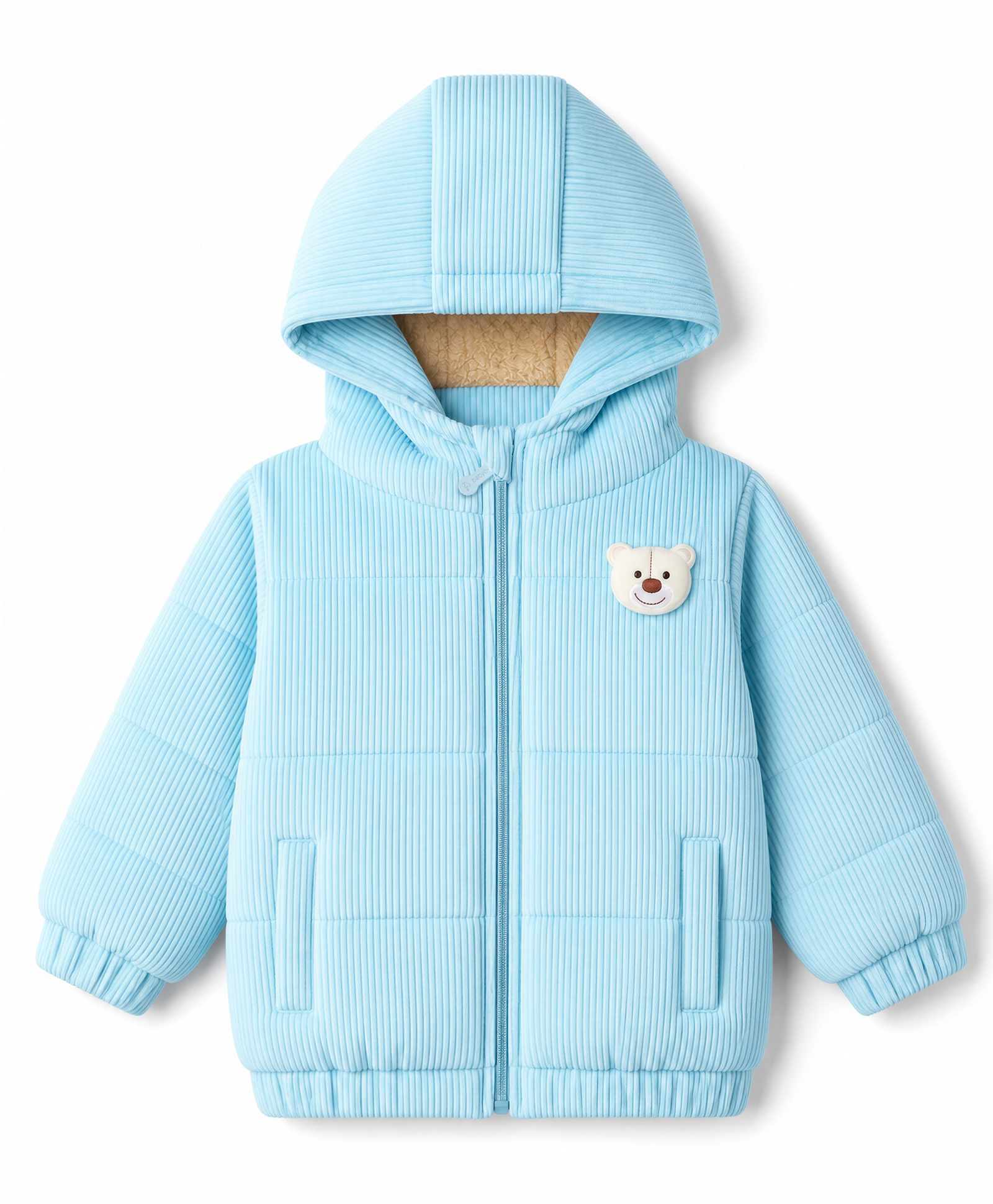 Babyoye Cotton Corduroy Woven Hoodies with Full Sleeves and Bear Applique - Sky Blue-image-7