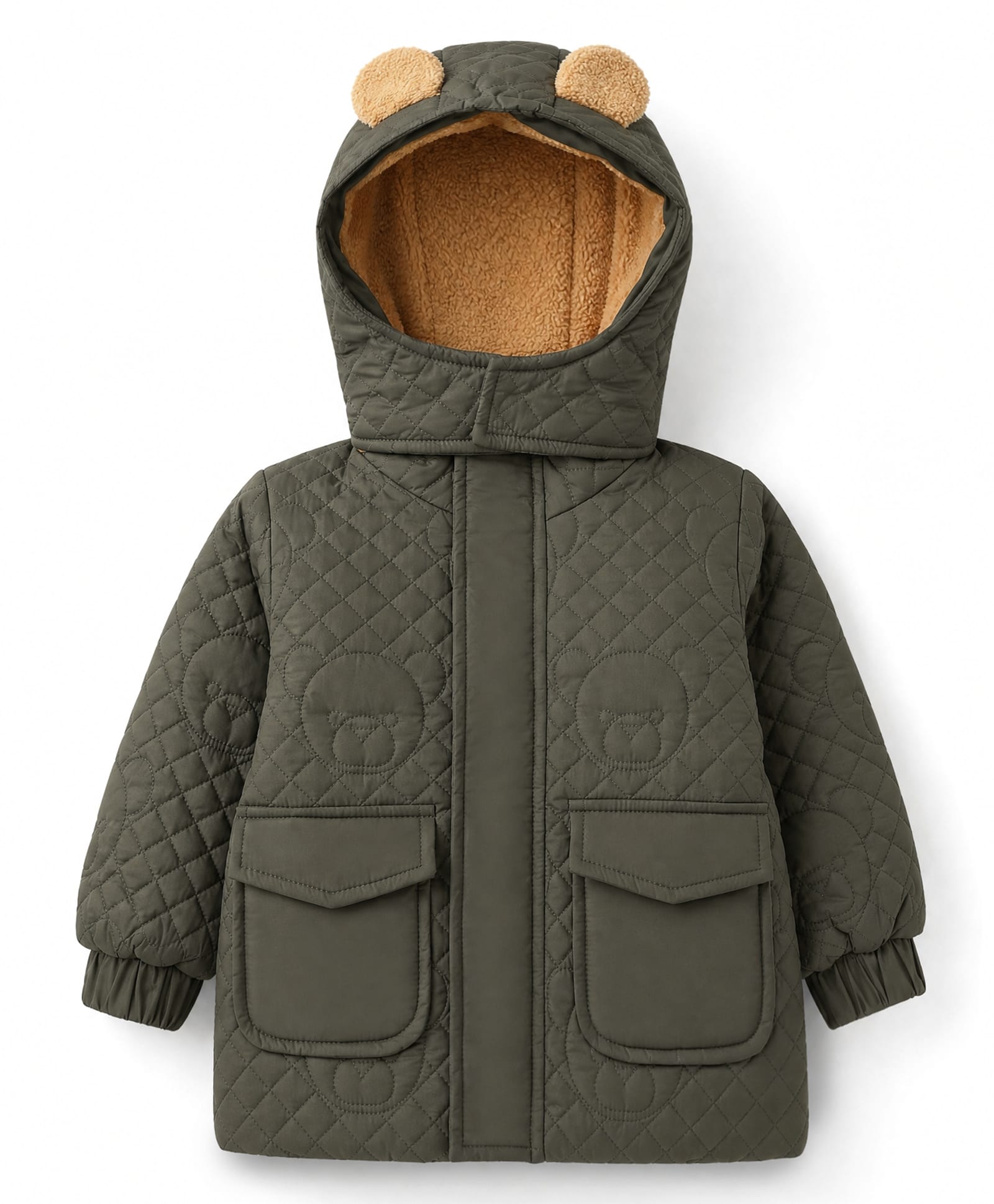 Babyoye Cotton Woven Hooded Padded Winter Jacket with Full Sleeves and Bear Applique - Dark Green-image-42