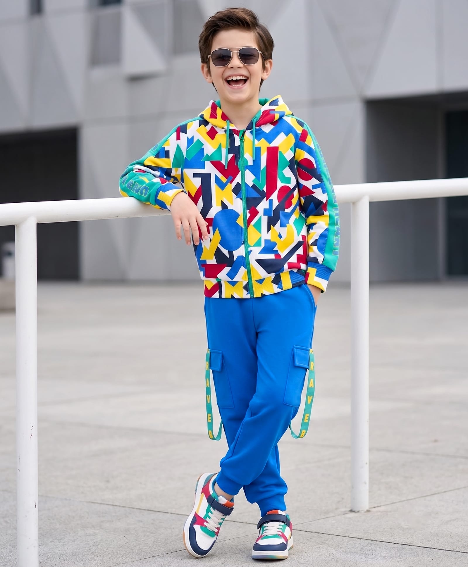 OLLINGTON ST. Looper Cotton Knit Full Sleeves Abstract Printed Sweatshirt & Joggers Set With Text Print - Blue & Green-image-39