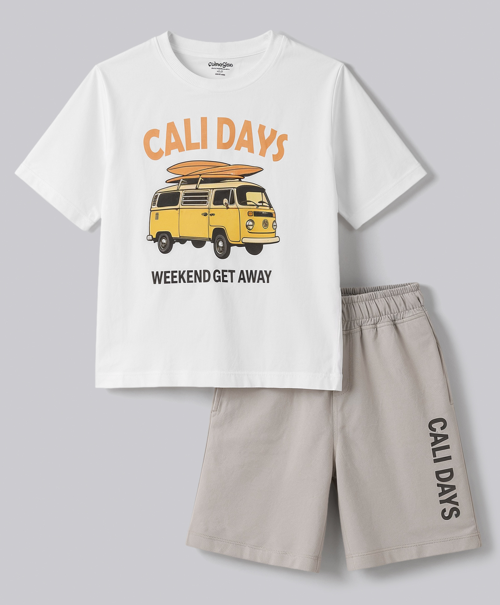 Primo Gino 100% Cotton Knit Drop Shoulder Oversize Half Sleeves T-Shirt & Shorts Night Suit with Surfing Print - White-image-33