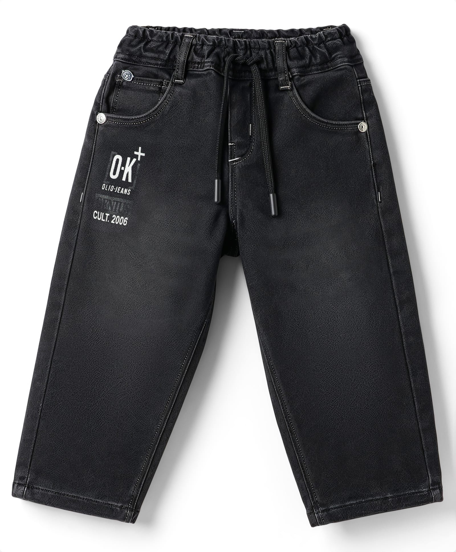 Olio Kids Denim Woven Full Length Washed & Text Printed Jeans - Black-picture-25