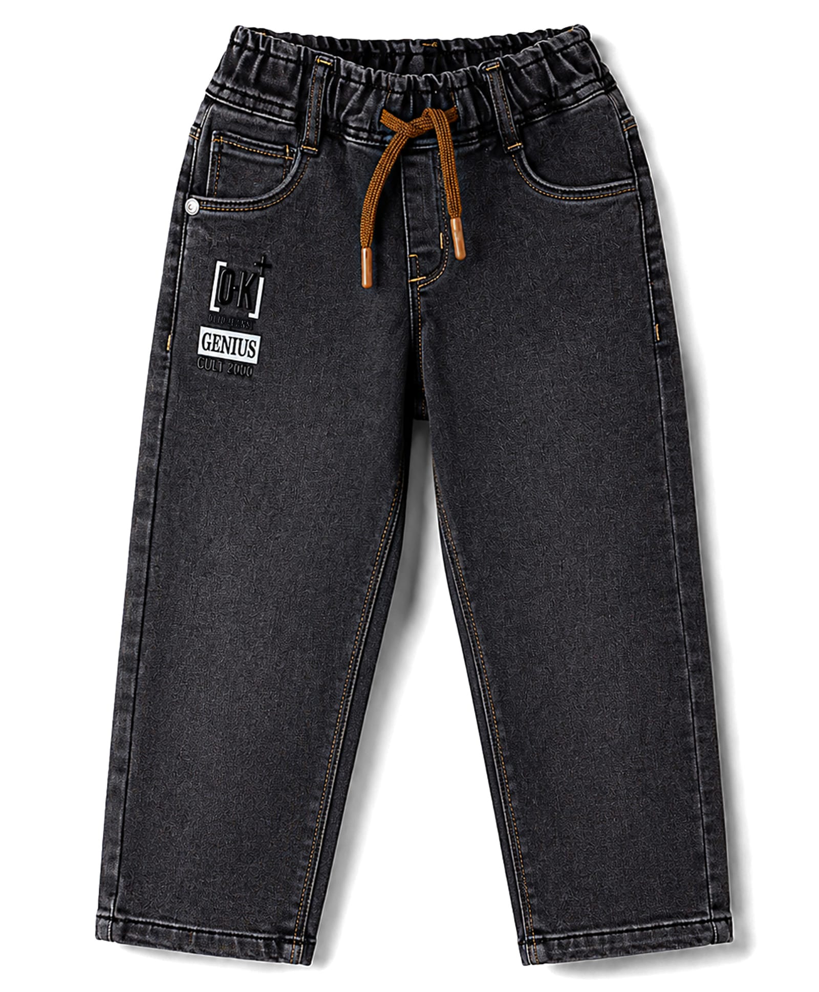 Olio Kids Denim Woven Full Length Washed & Text Printed Jeans - Grey-image-19