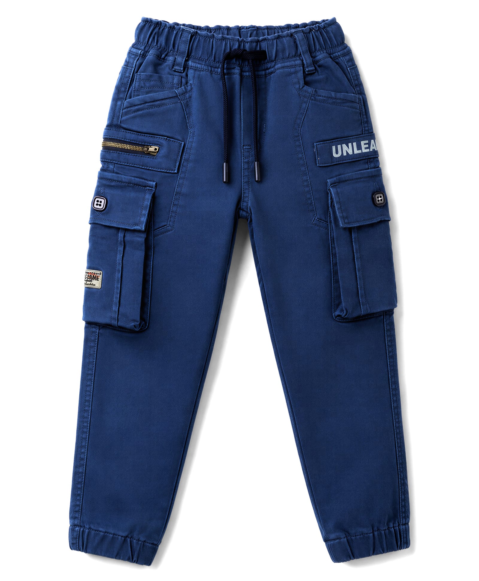 Olio Kids Cotton Woven Full Length Text Printed Trouser With Cargo Pockets - Blue-picture-10