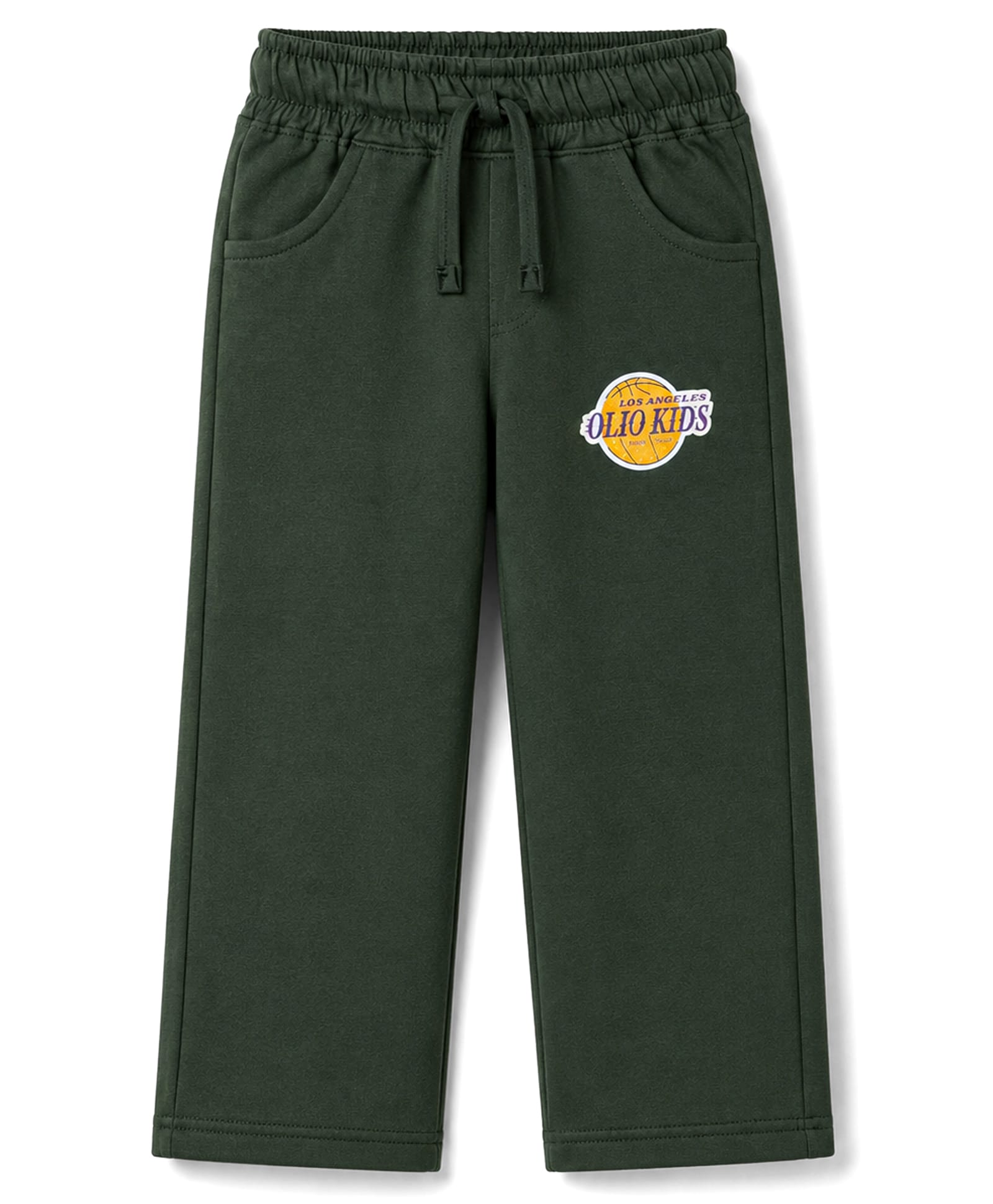 Olio Kids Knit Full Length Track Pant with Pockets & Text Print - Dark Green-image-28