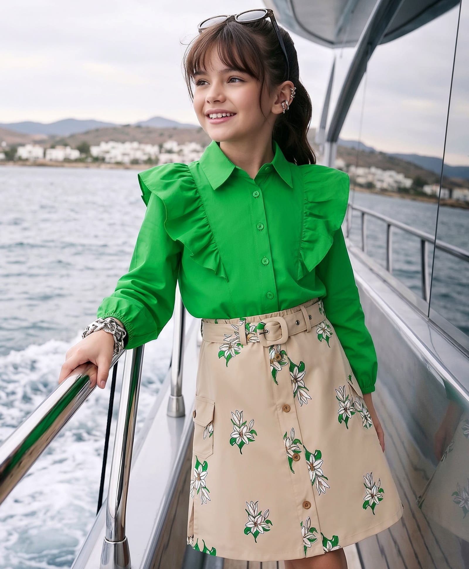 OLLINGTON ST. Cotton Woven Full Sleeves Top & Printed Lycra Twill Skirt With Floral Print - Green & Beige-image-46