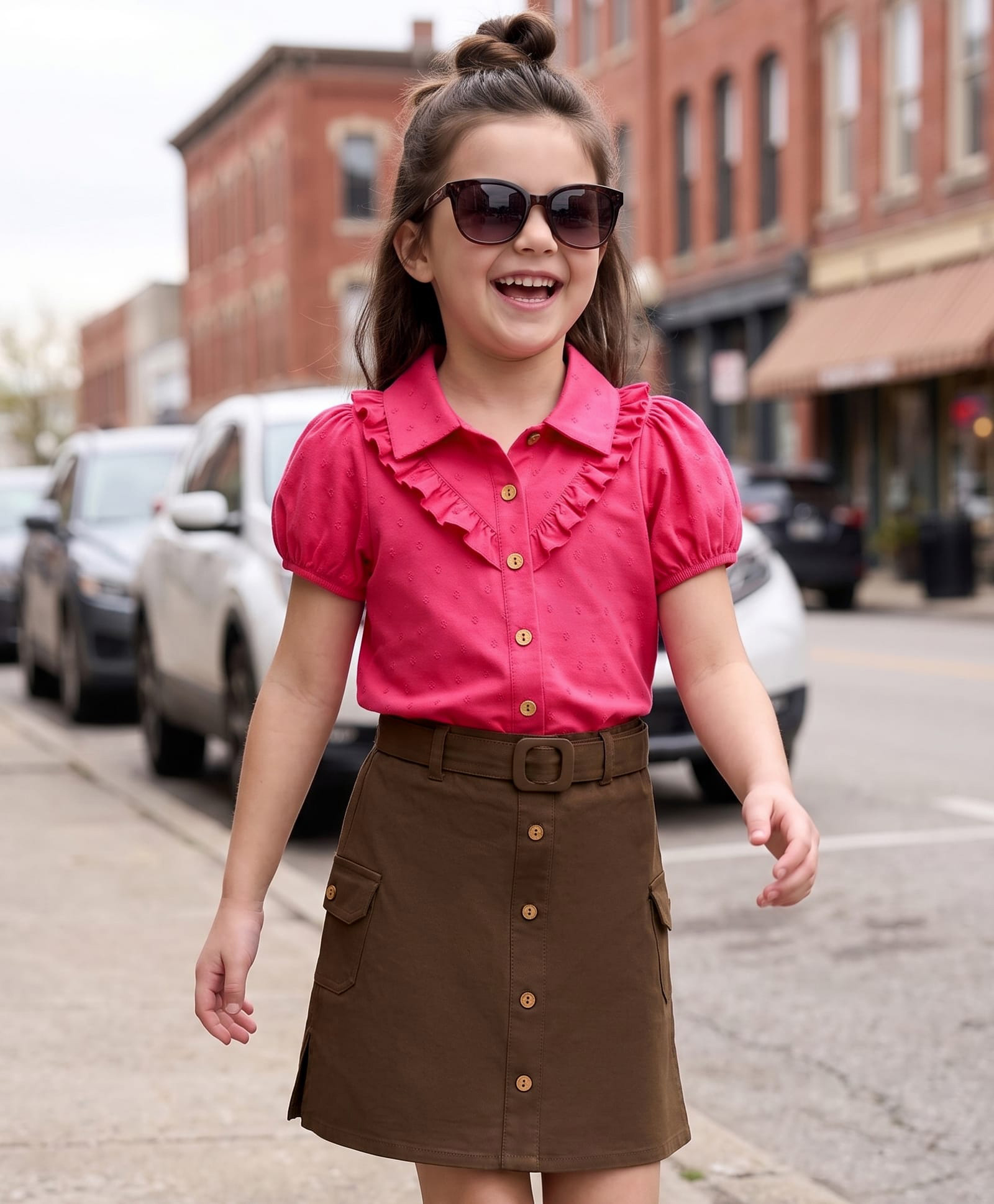 OLLINGTON ST. Cotton Woven Half Sleeves Swiss Dot Top & Twill Skirt - Pink & Brown-image-35