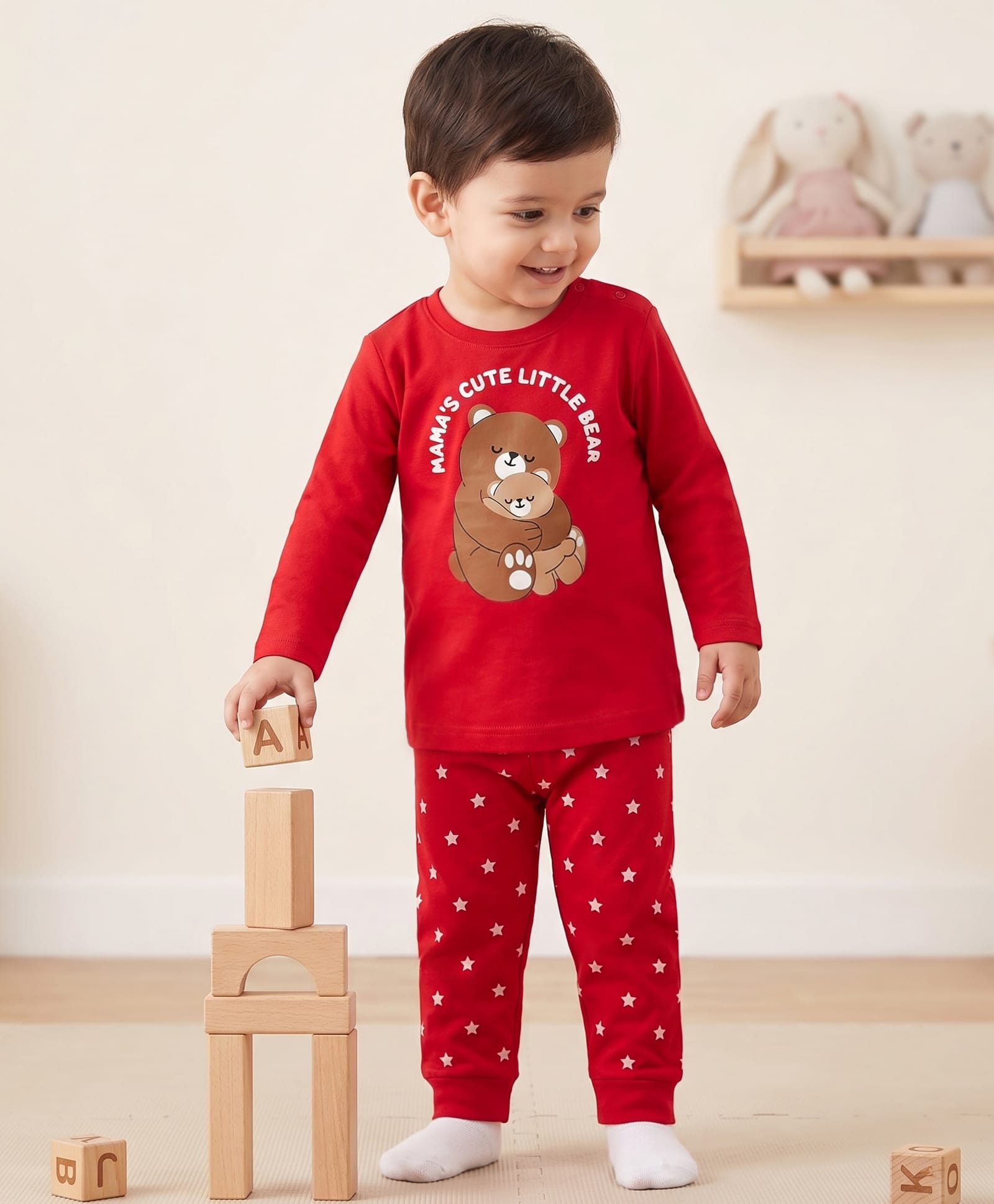 Babyhug Cotton Knit Full Sleeves Bear Printed T-Shirt & Pyjama Night Suit - Red-image-31