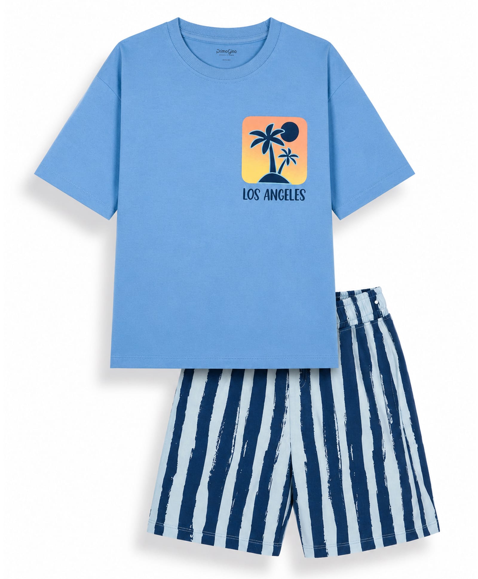 Primo Gino Cotton Knit Half Sleeves T-Shirt & Shorts Night Suit With Front & Back Tropical Print - Blue-image-8