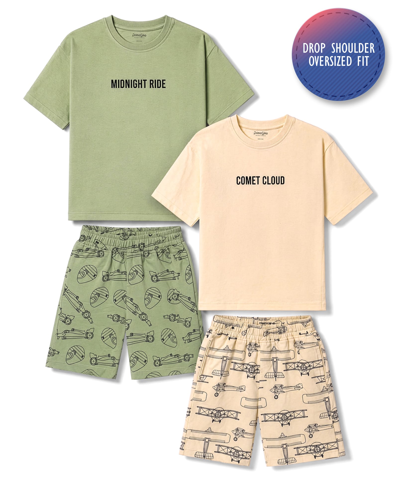 Primo Gino 100% Cotton Knit Drop Shoulder Oversize Half Sleeves T-Shirt & Shorts Night Suit with Text & Helicopter Print Pack of 2- Olive & Peach-image-46