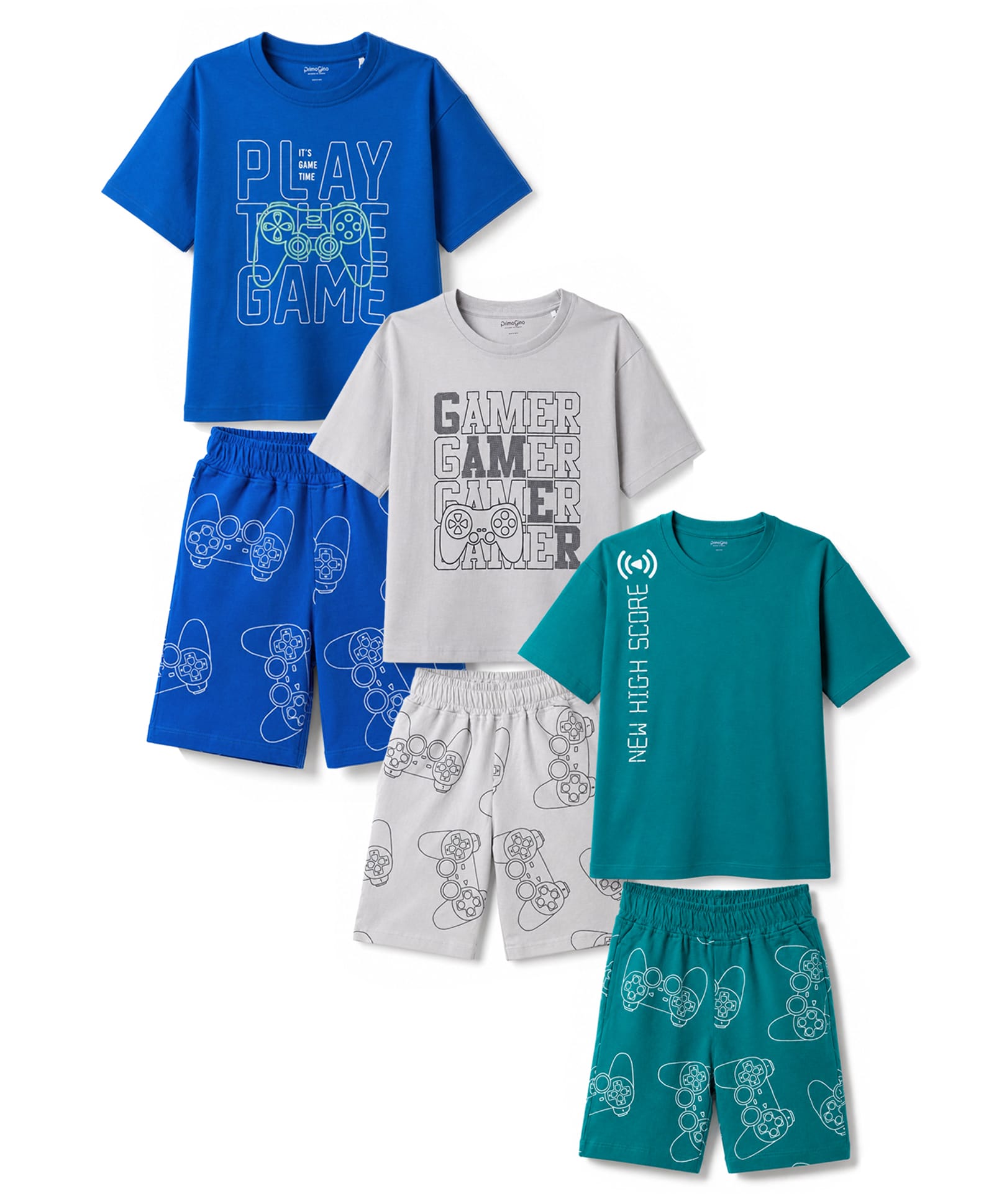 Primo Gino 100% Cotton Knit Drop Shoulder Oversize Half Sleeves T-Shirt & Shorts Night Suit with Text & Game Pad Print Pack of 3- Teal Grey & Blue-image-10