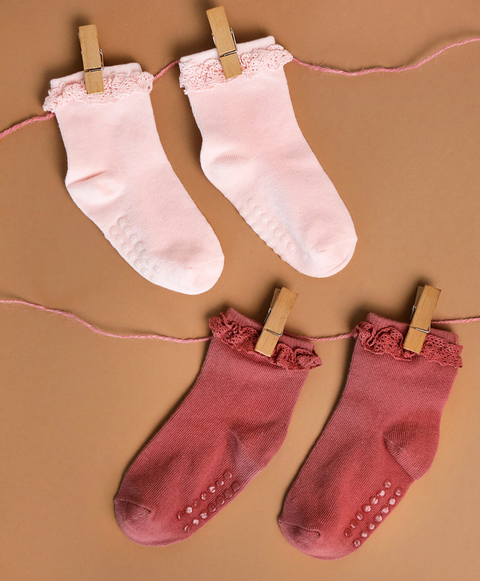 Kicks & Crawl Pack Of 2 Lace Embellished Ribbed Anti Skid Socks - Light Pink & Dark Pink-picture-17