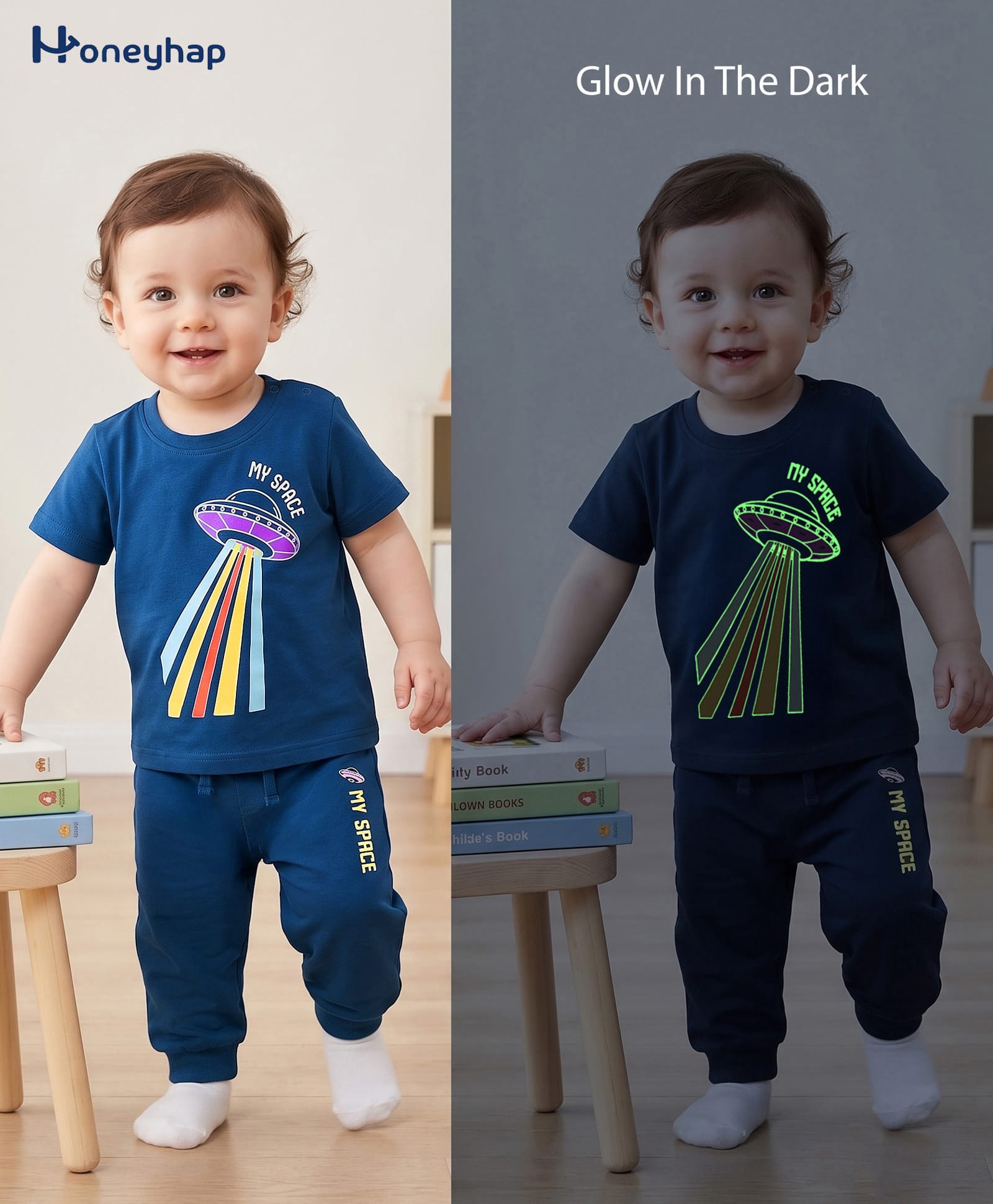 Honeyhap Premium 100% Cotton Knit Full Sleeves T-Shirt & Pyjama Night Suit With UFO Print & Bio Finish - Royal Blue-image-30