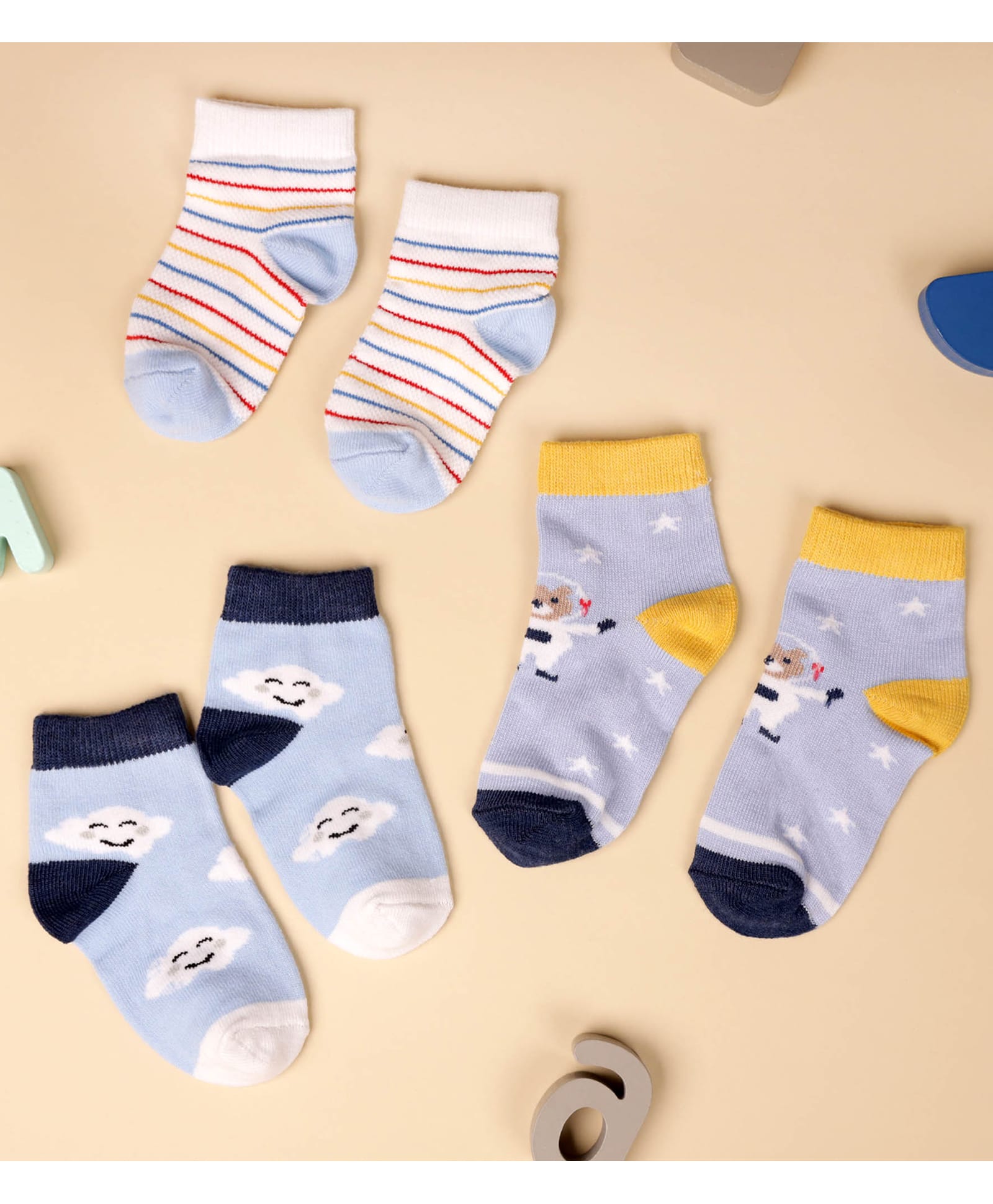 Kicks & Crawl Cotton Knit Pack Of 3 Clouds Printed & Striped Socks - Multi-image-28