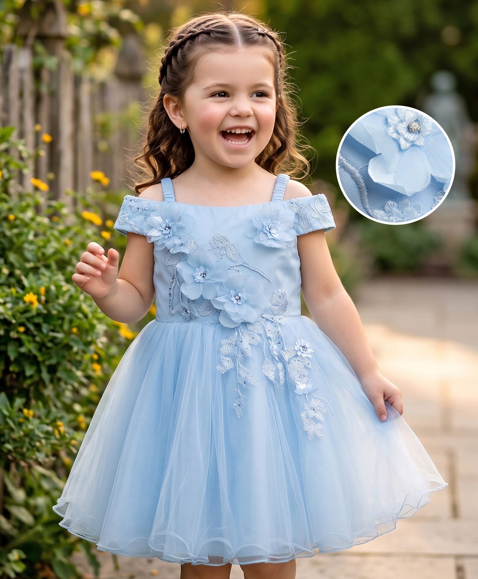 Mark & Mia Woven Half Sleeves Fit and Flare Party Dress With Floral Applique & Embroidery - Blue-image-3