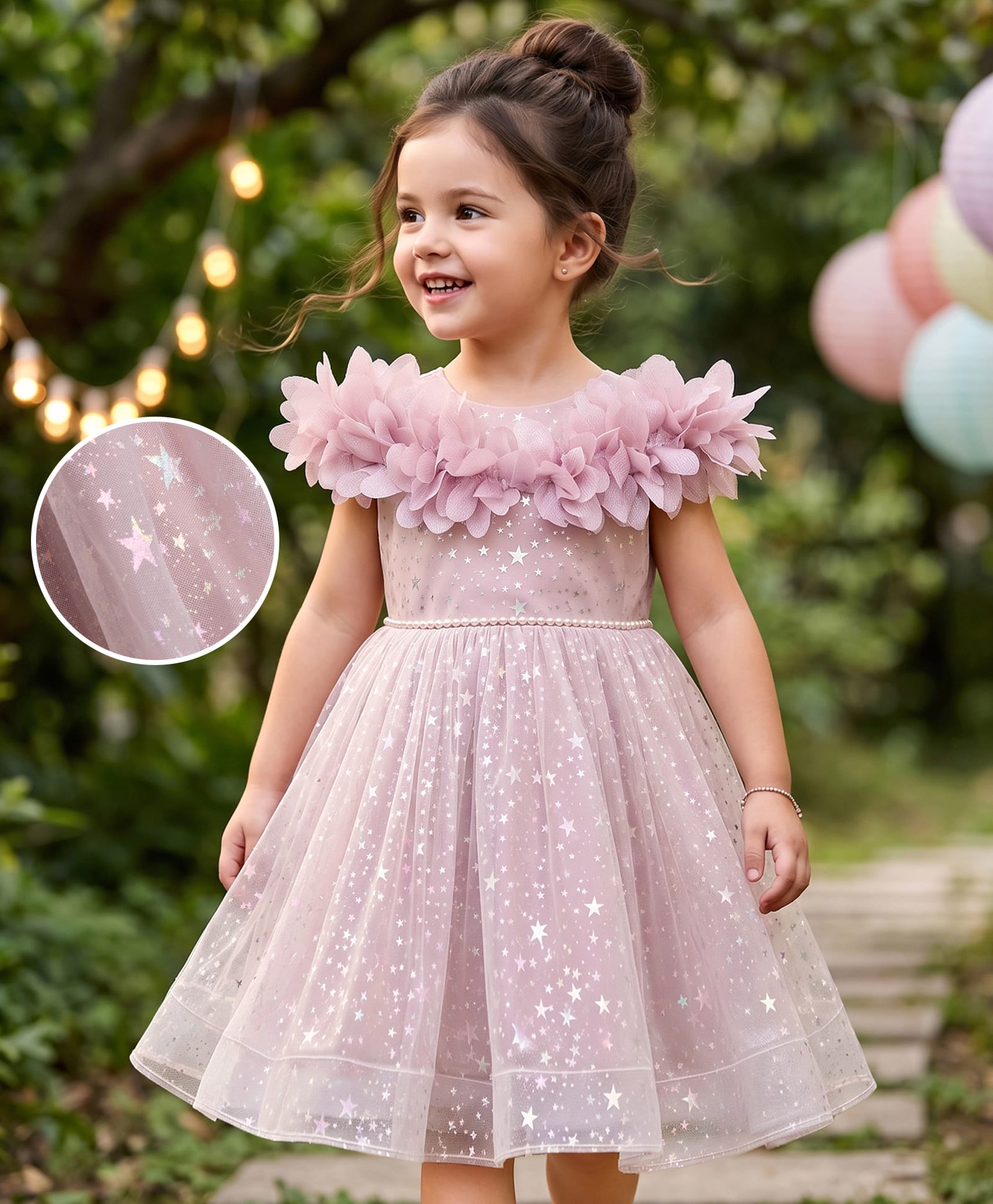 Mark & Mia Woven Sleeveless Fit and Flare Party Dress With Floral Corsage & Star Print - Lavender-image-0