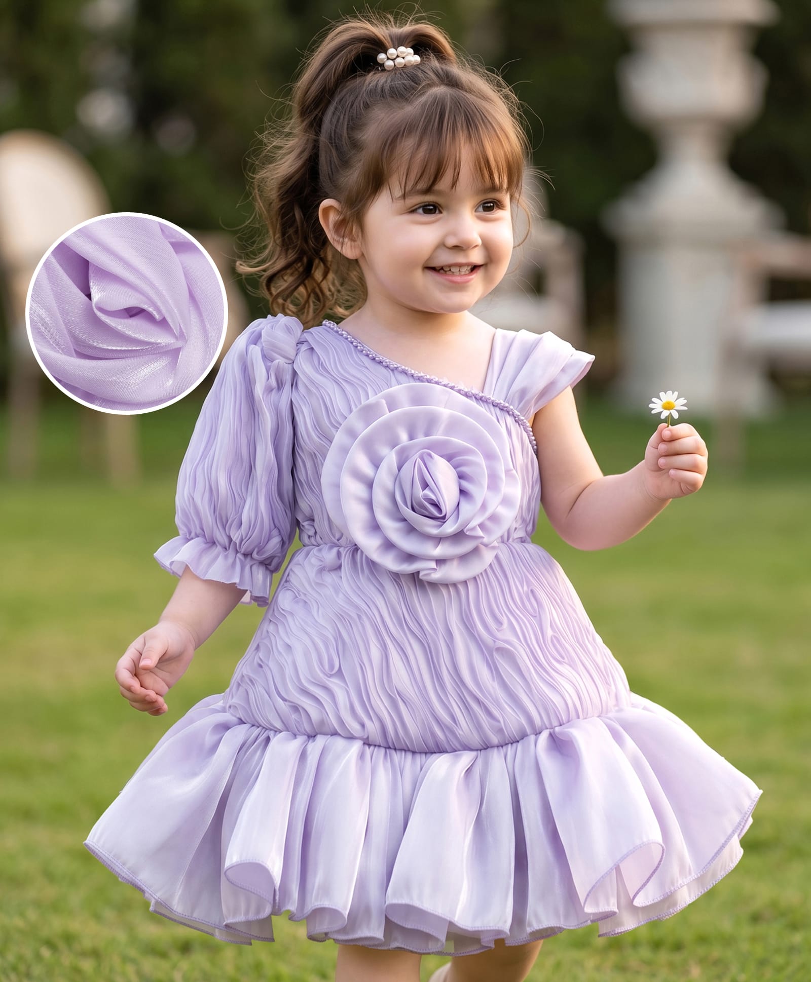 Mark & Mia Woven Cold Shoulder Ruffles and Frills Party Dress With Floral Applique - Lavender-image-5