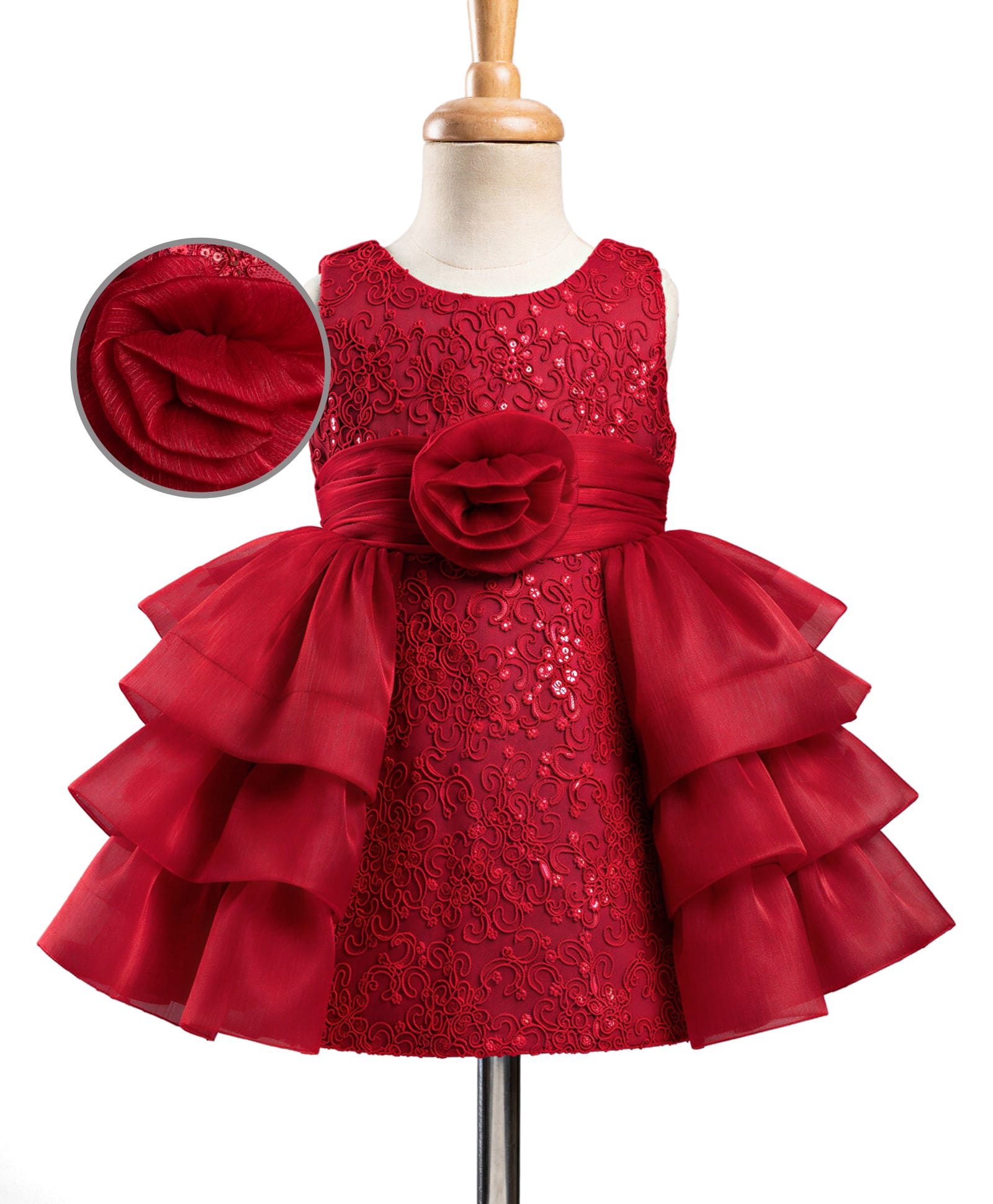 Mark & Mia Woven Sleeveless Ruffles and Frills Party Dress With Floral Applique & Embroidery - Maroon