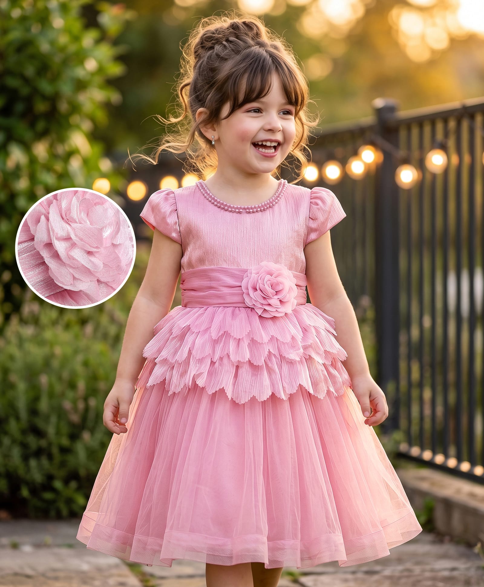 Mark & Mia Woven Half Sleeves Fit and Flare Party Dress With Floral Corsage - Pink-image-4