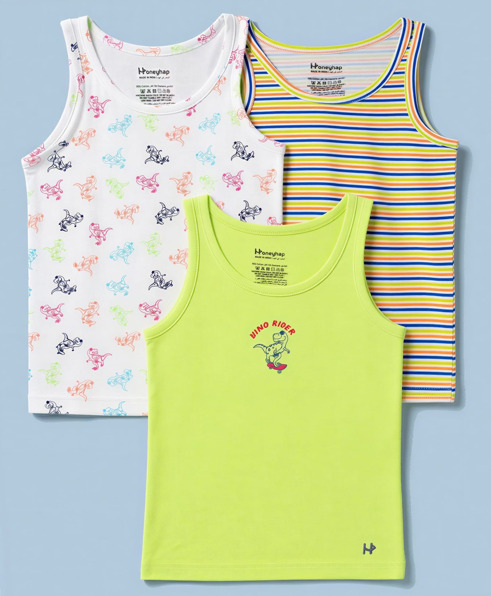 Honeyhap Premium Cotton Elastane Striped Sandos With Dino Print & Bio Finish Pack of 3- Bright White & Wild Lime-image-18