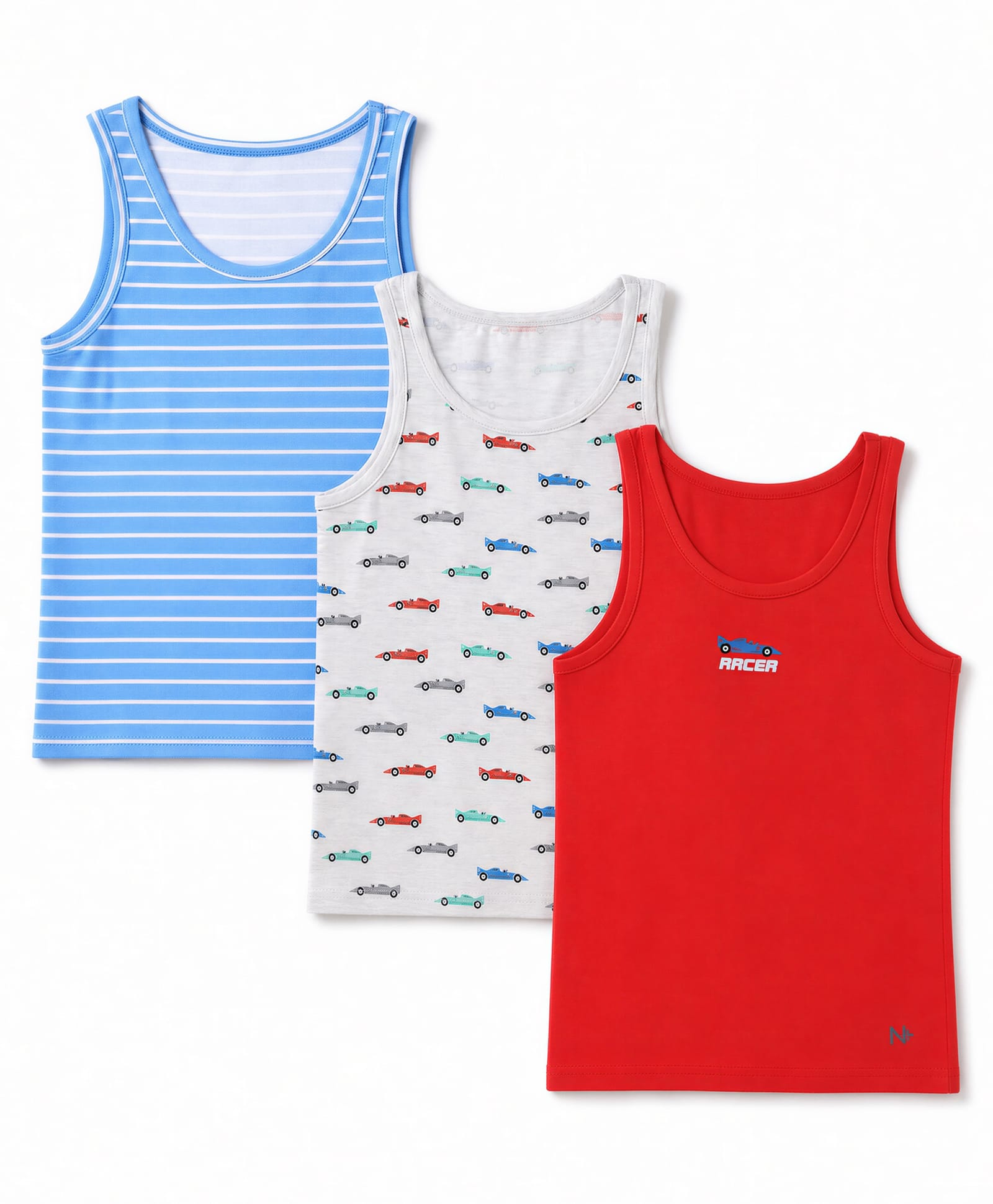 Honeyhap Premium 95% Cotton 5% Spandex Knit Sleeveless Striped Vests With Car Print Pack of 3 - Light Blue, Red &White-image-27