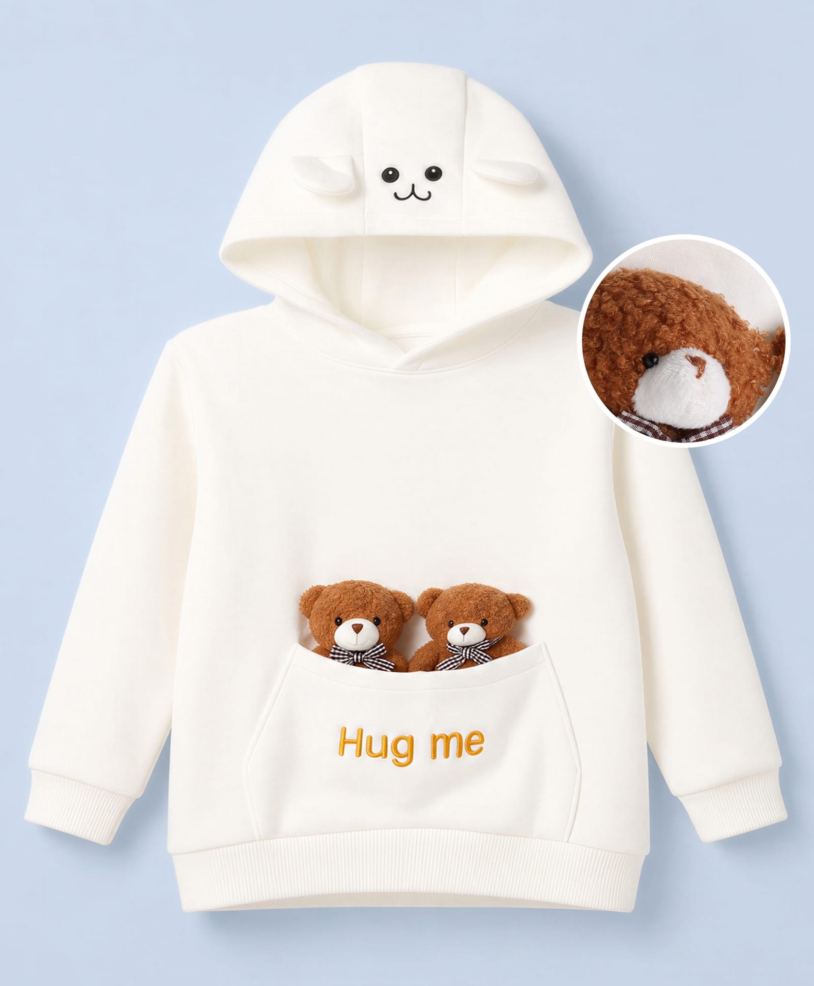 Mark & Mia Full Sleeves Hoodie With Hug Me Text Embroidery and Bear Applique - White-image-8