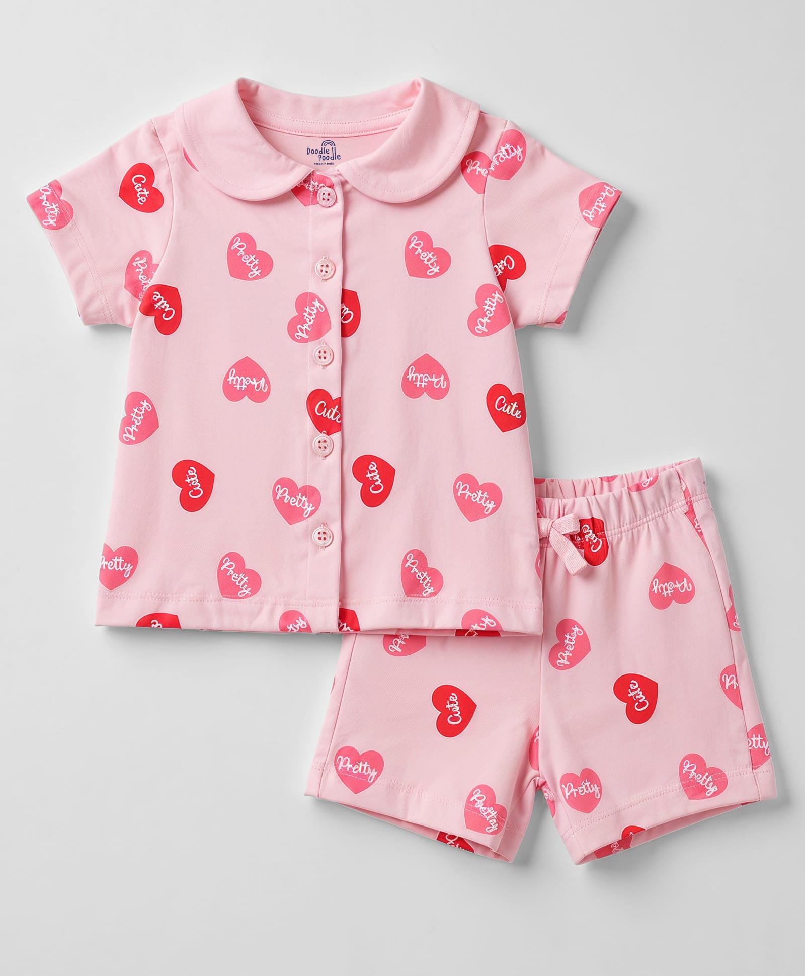 Doodle Poodle 100% Cotton Single Jersy Knit Half Sleeves Shirt & Shorts Nightsuit with Heart Print - Pink-image-46