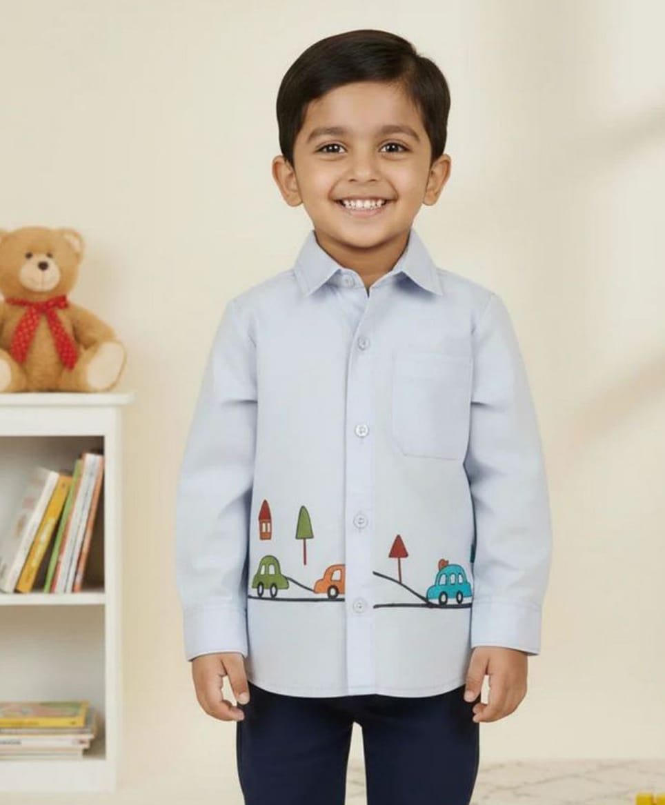 Cuddly cubs Cotton Woven Full Sleeves Vehicles Printed Shirt - Blue-picture-16