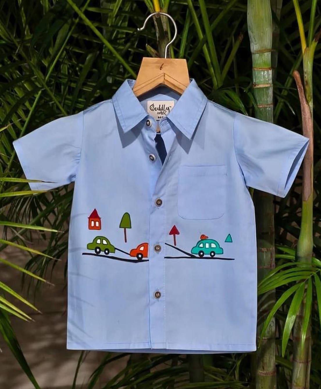 Cuddly cubs Cotton Woven Half Sleeves Vehicles Printed Shirt - Blue-image-24