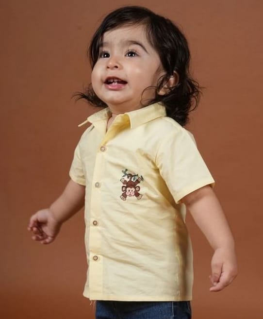 Cuddly cubs Cotton Woven Half Sleeves Monkey Printed Shirt - Yellow-image-18